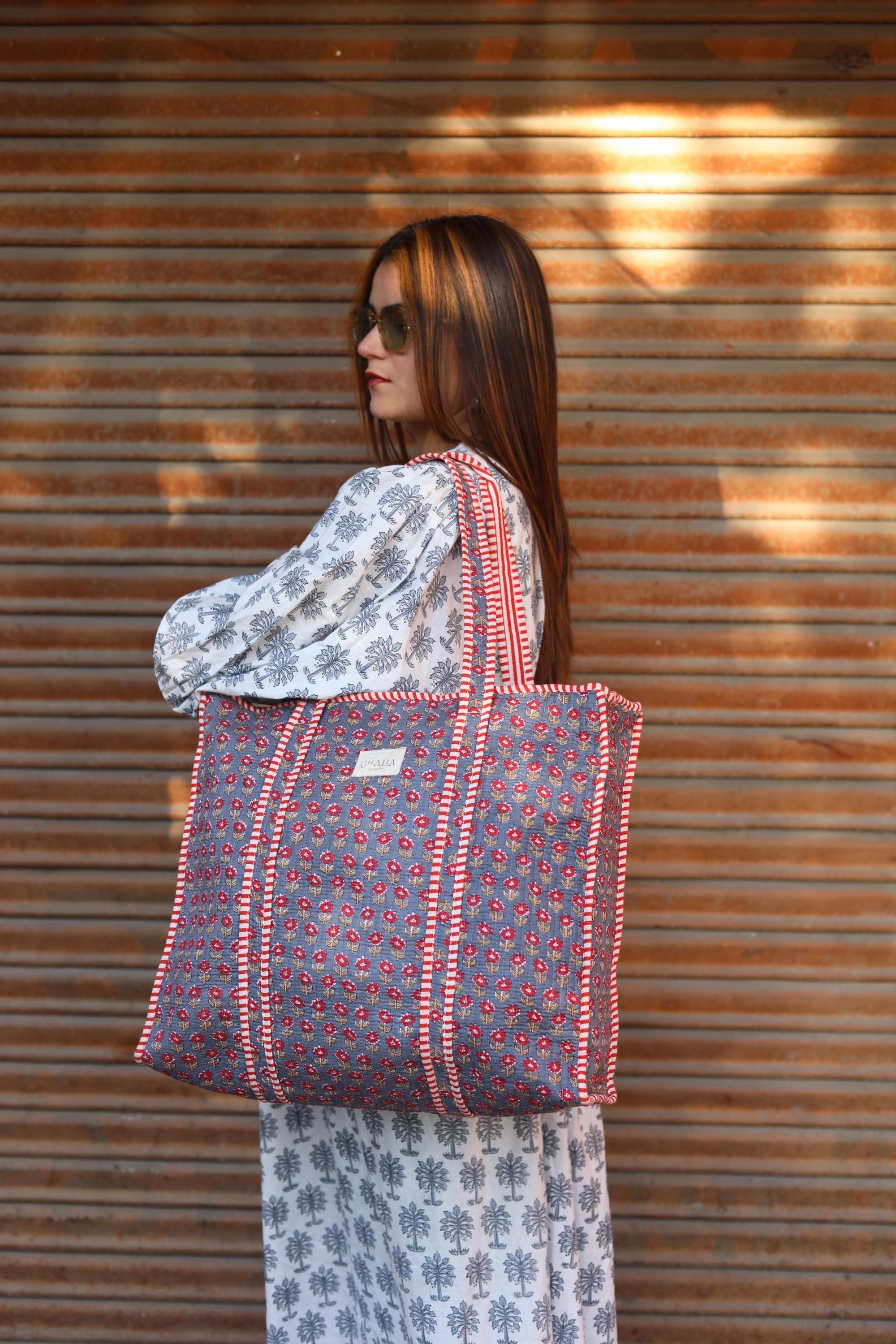 Block Print Quilted Cotton Tote Bag for Women –Handmade Floral Shopper