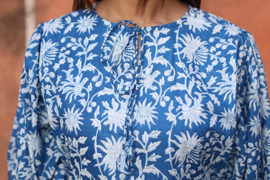 Block Print Cotton Dress for Women – Handmade Blue Tunic Dress
