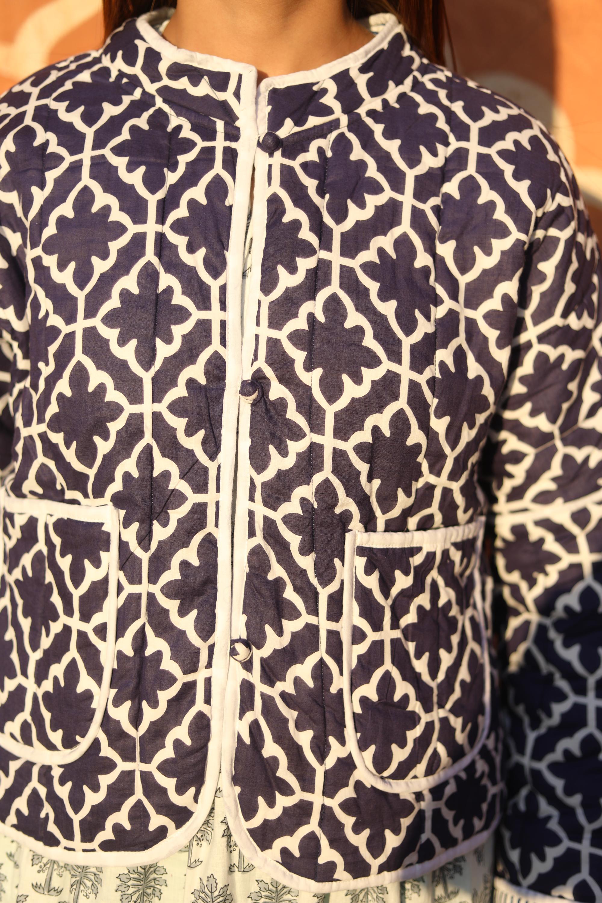 Block Print Cotton Quilted Jacket for Women – Handmade Reversible Blue Jacket