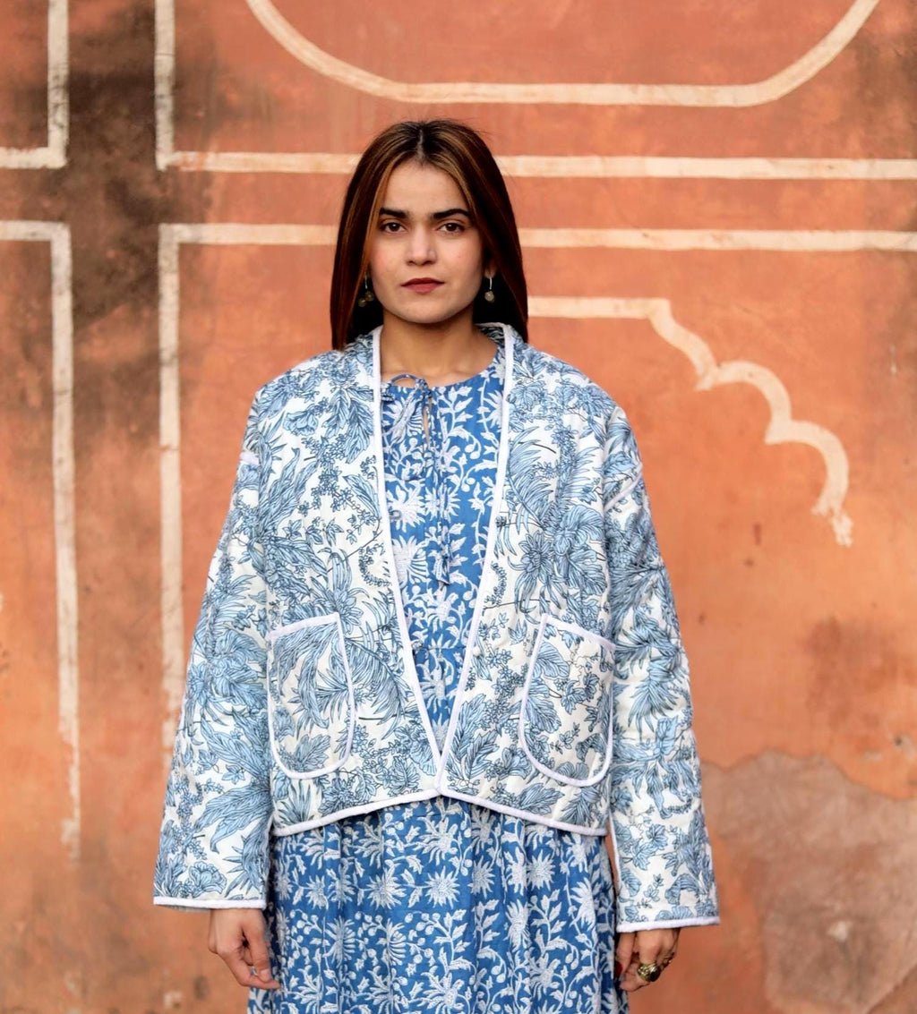 Handmade Block Print Cotton Quilted Bomber Jacket for Women