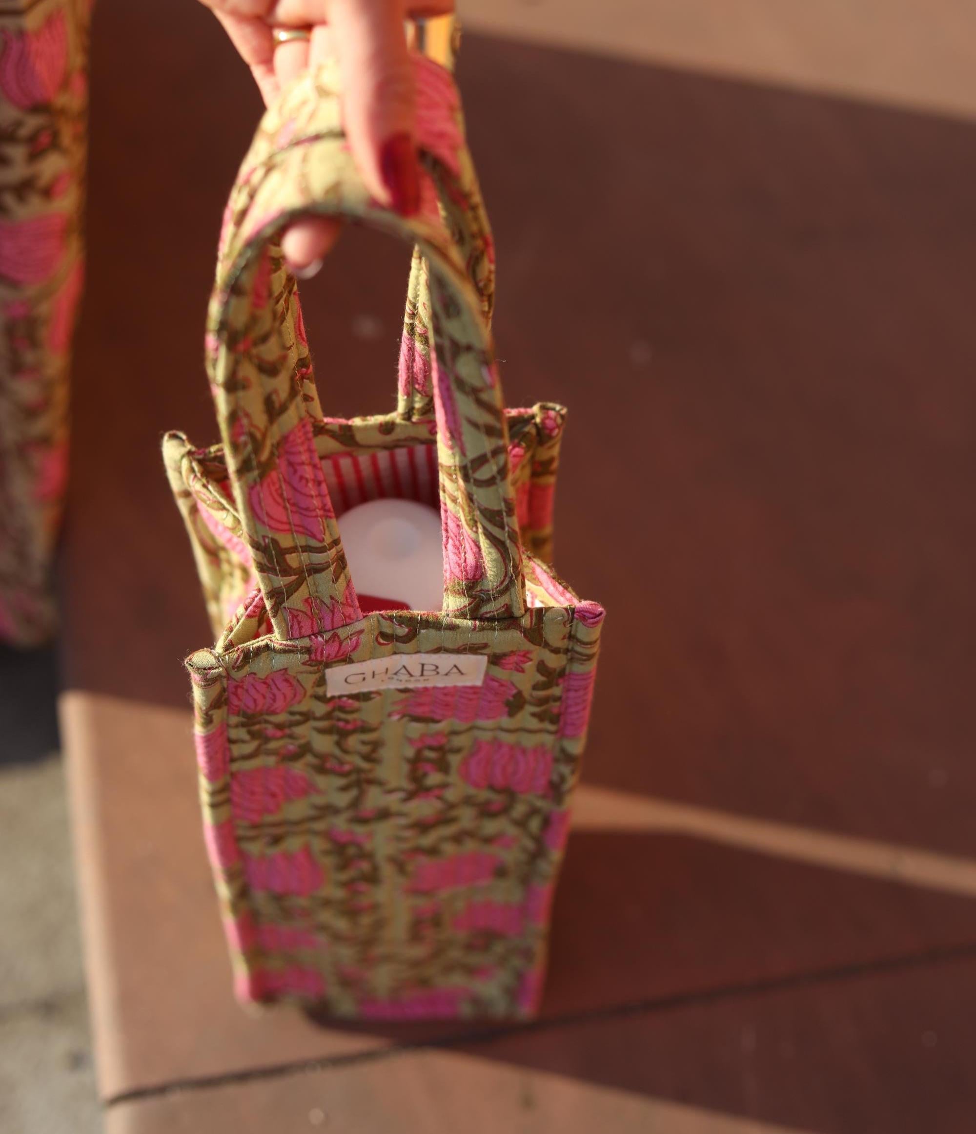 Handmade Cotton Block Print Quilted Bottle Bag: Wine/Champagne/Water Bottle