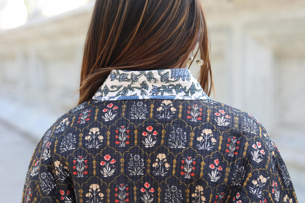 Block Print Cotton Quilted Kimono Jacket for Women – Handmade Floral