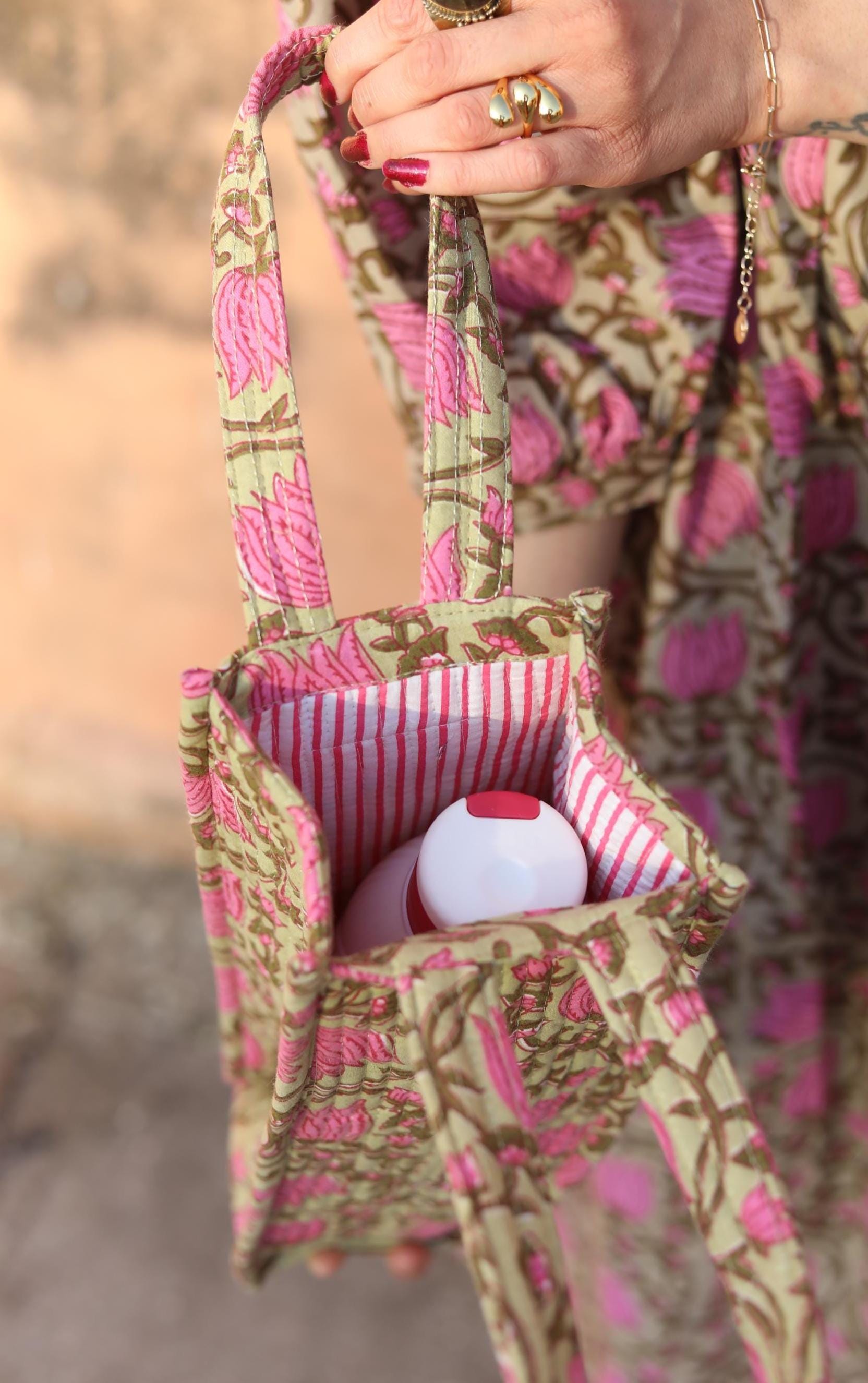 Handmade Cotton Block Print Quilted Bottle Bag: Wine/Champagne/Water Bottle