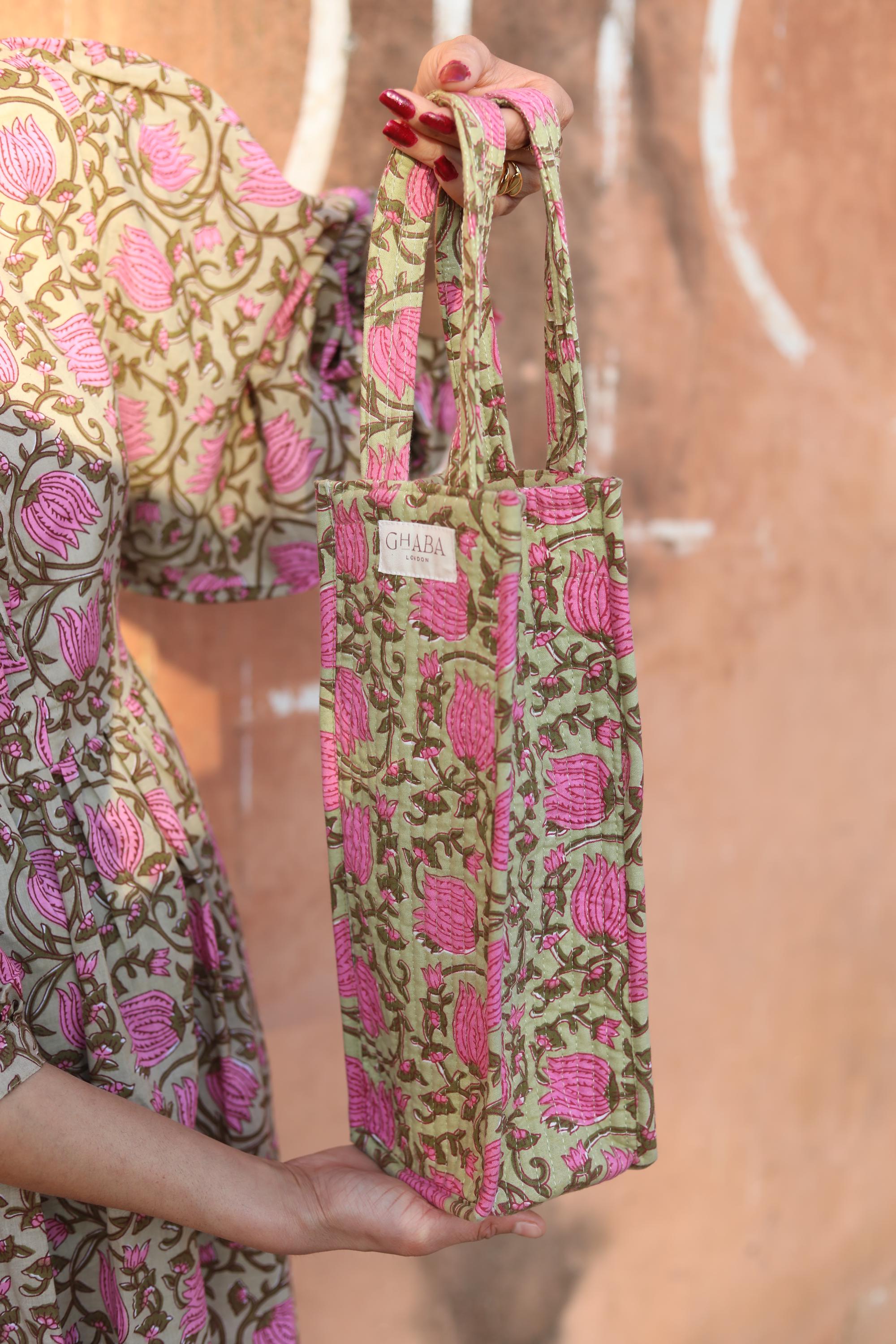 Handmade Cotton Block Print Quilted Bottle Bag: Wine/Champagne/Water Bottle