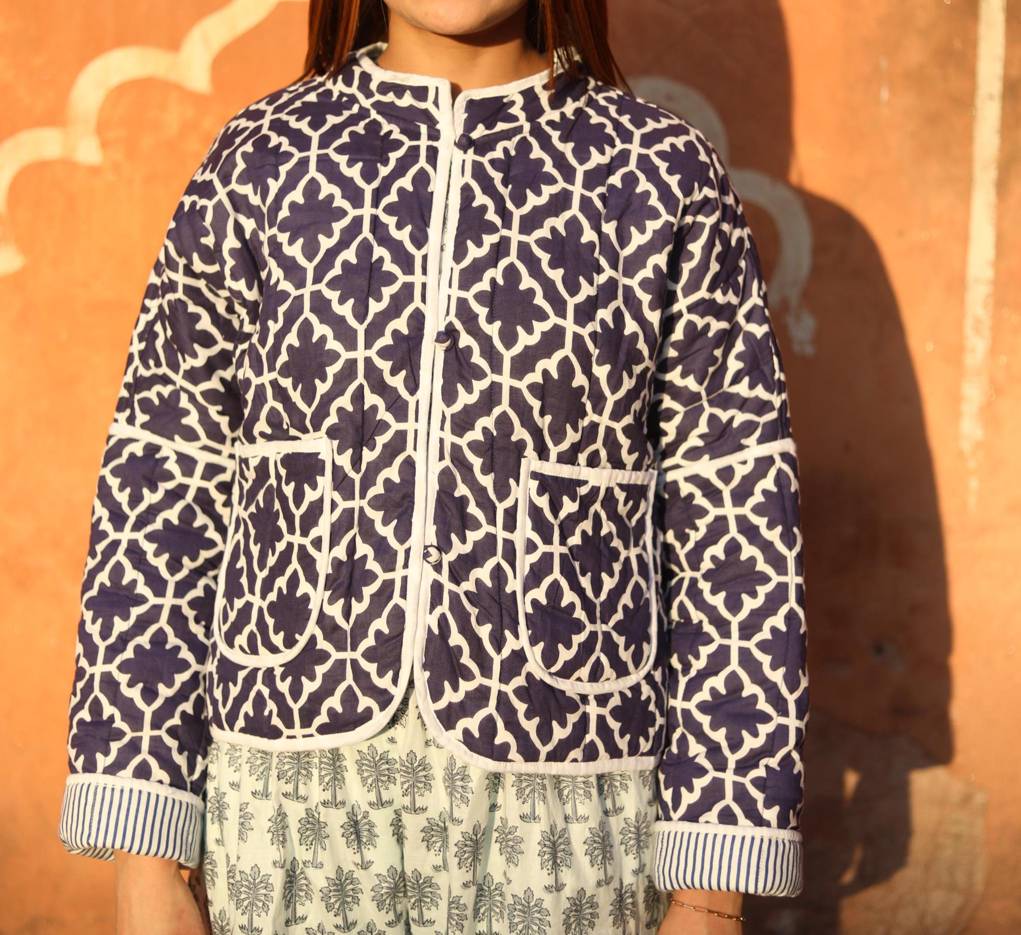 Block Print Cotton Quilted Jacket for Women – Handmade Reversible Blue Jacket