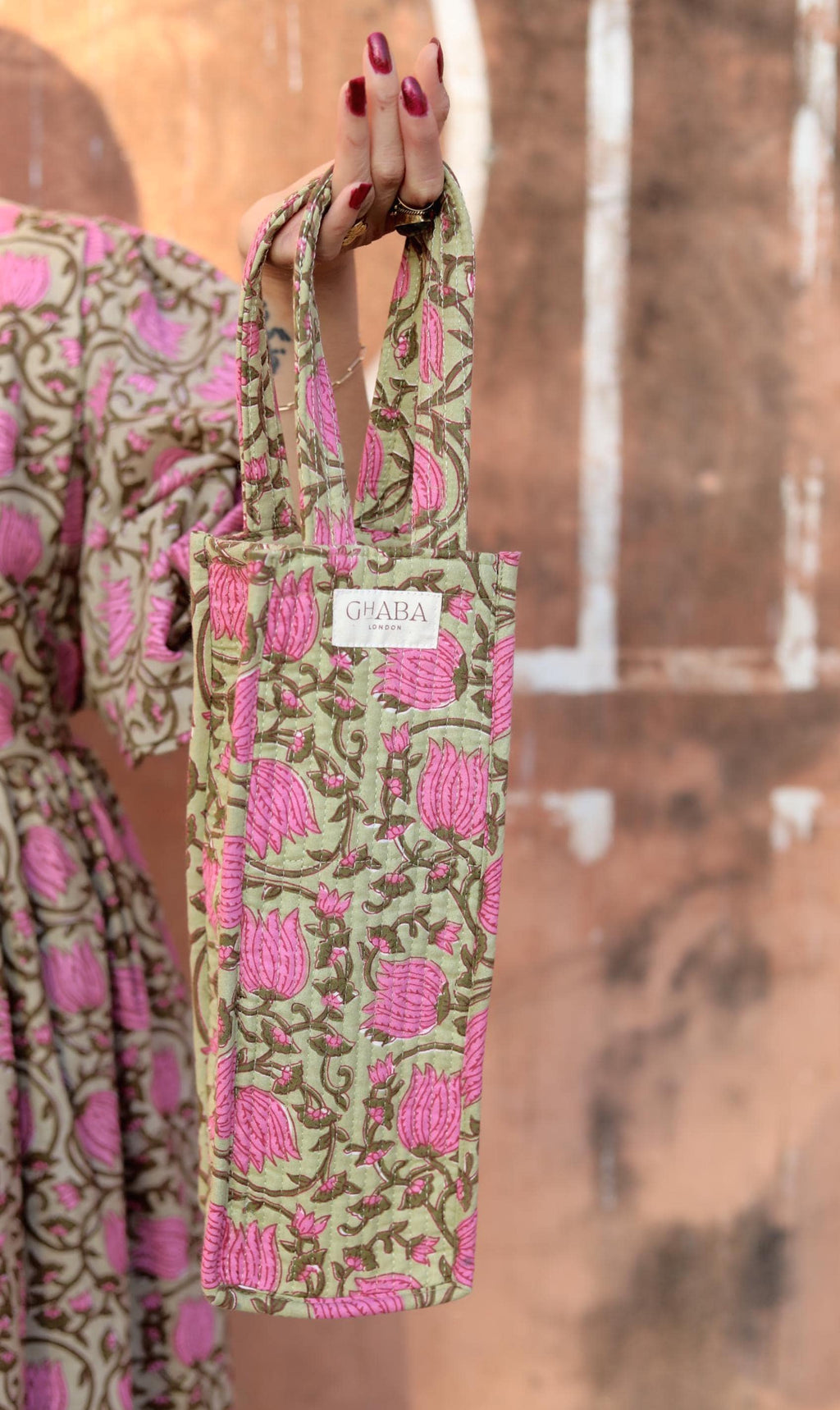 Handmade Cotton Block Print Quilted Bottle Bag: Wine/Champagne/Water Bottle