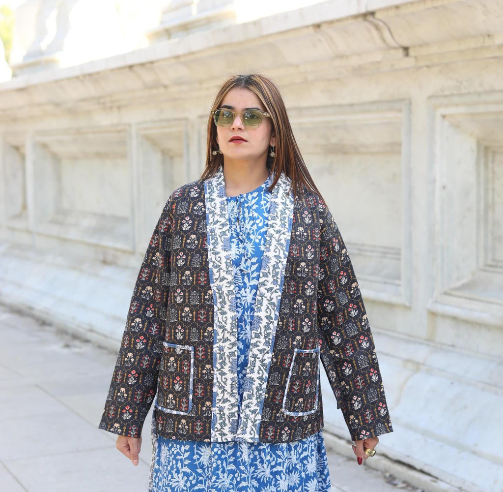 Block Print Cotton Quilted Kimono Jacket for Women – Handmade Floral