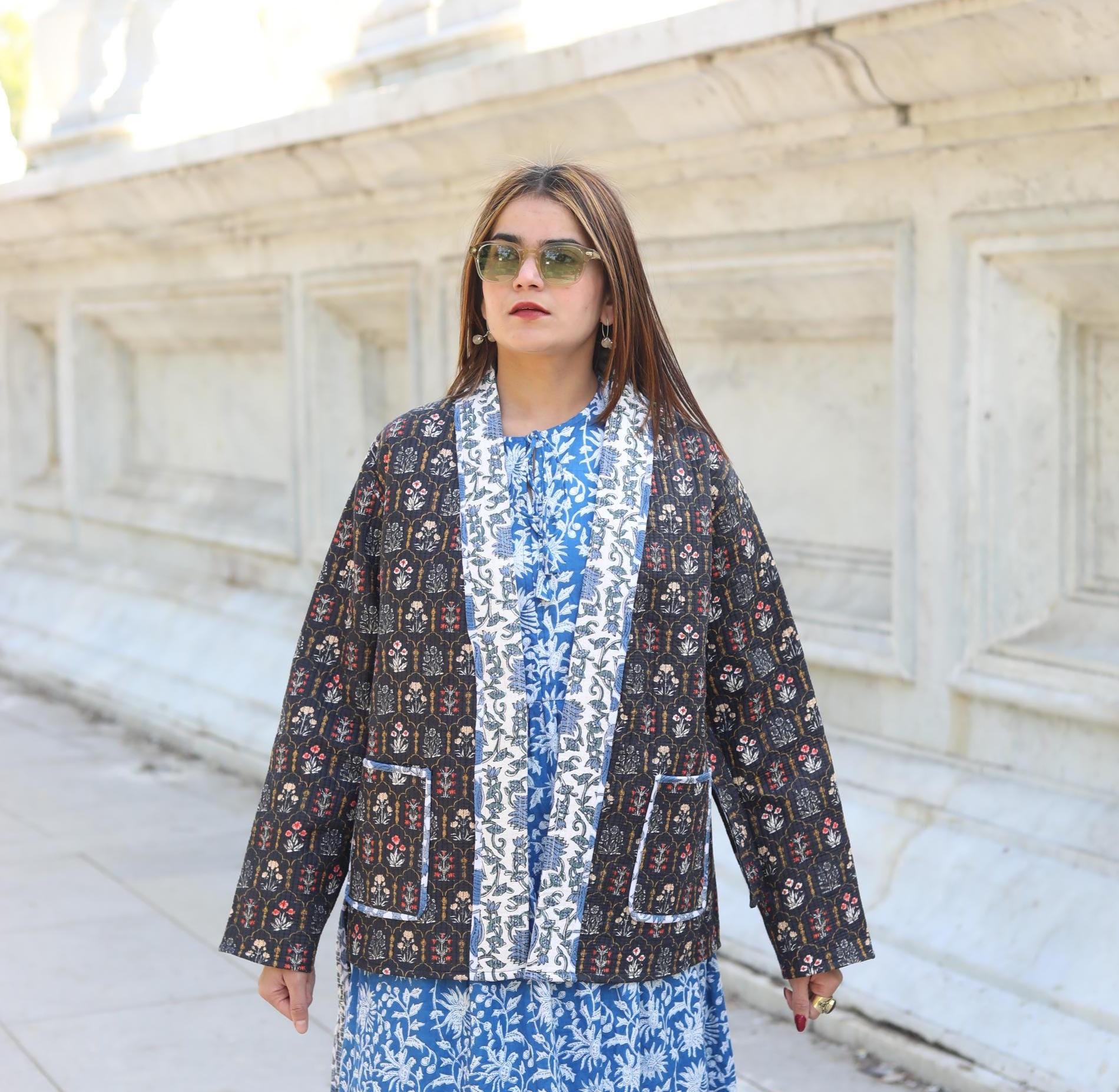 Block Print Cotton Quilted Kimono Jacket for Women – Handmade Floral