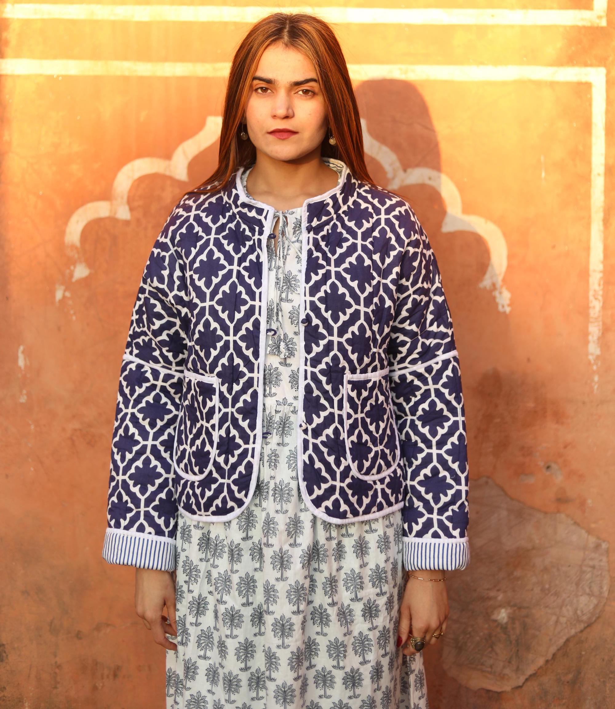 Block Print Cotton Quilted Jacket for Women – Handmade Reversible Blue Jacket