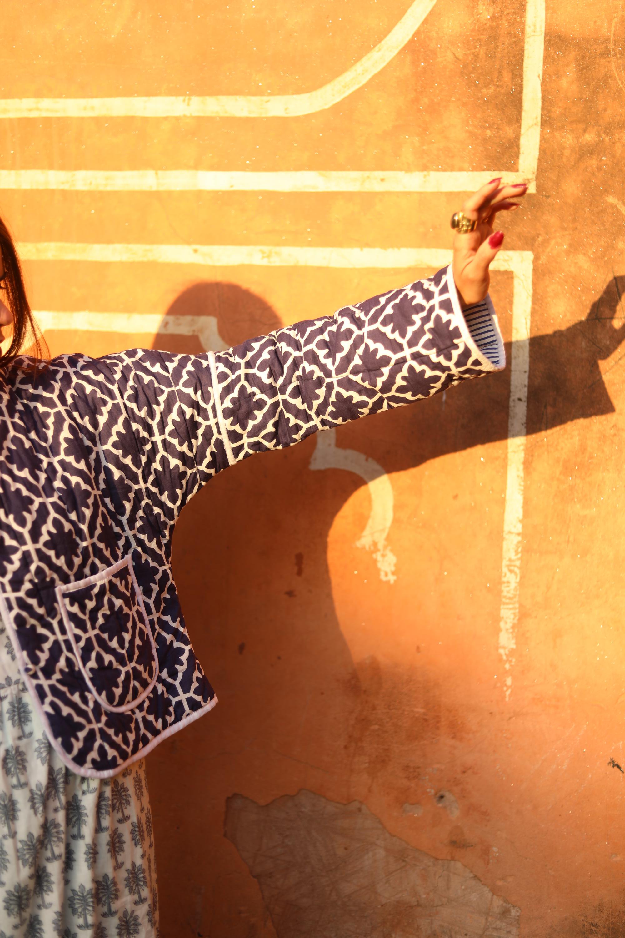 Block Print Cotton Quilted Jacket for Women – Handmade Reversible Blue Jacket