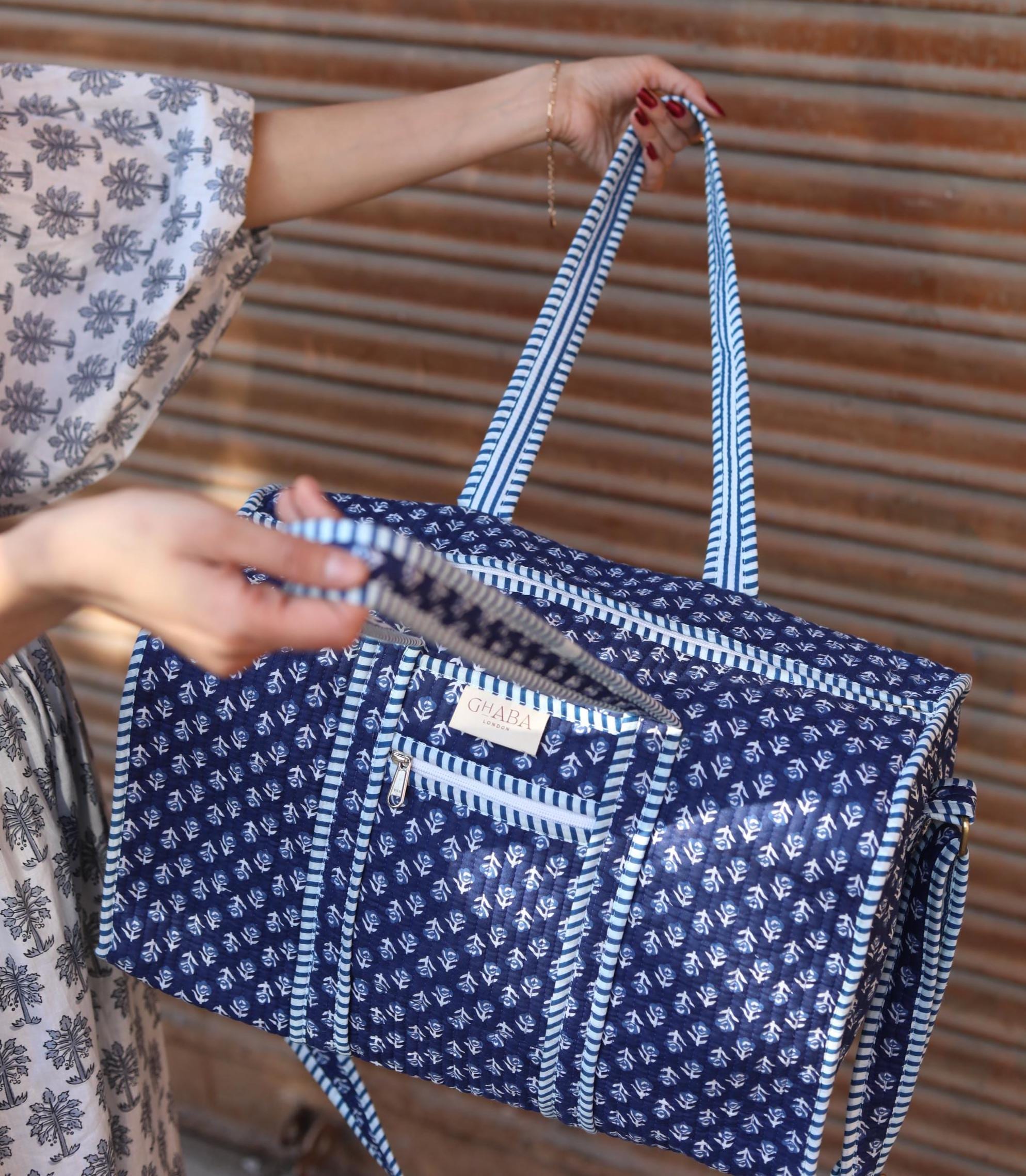 Block Print Quilted Cotton Weekender Bag – Handmade Floral Travel Duffle