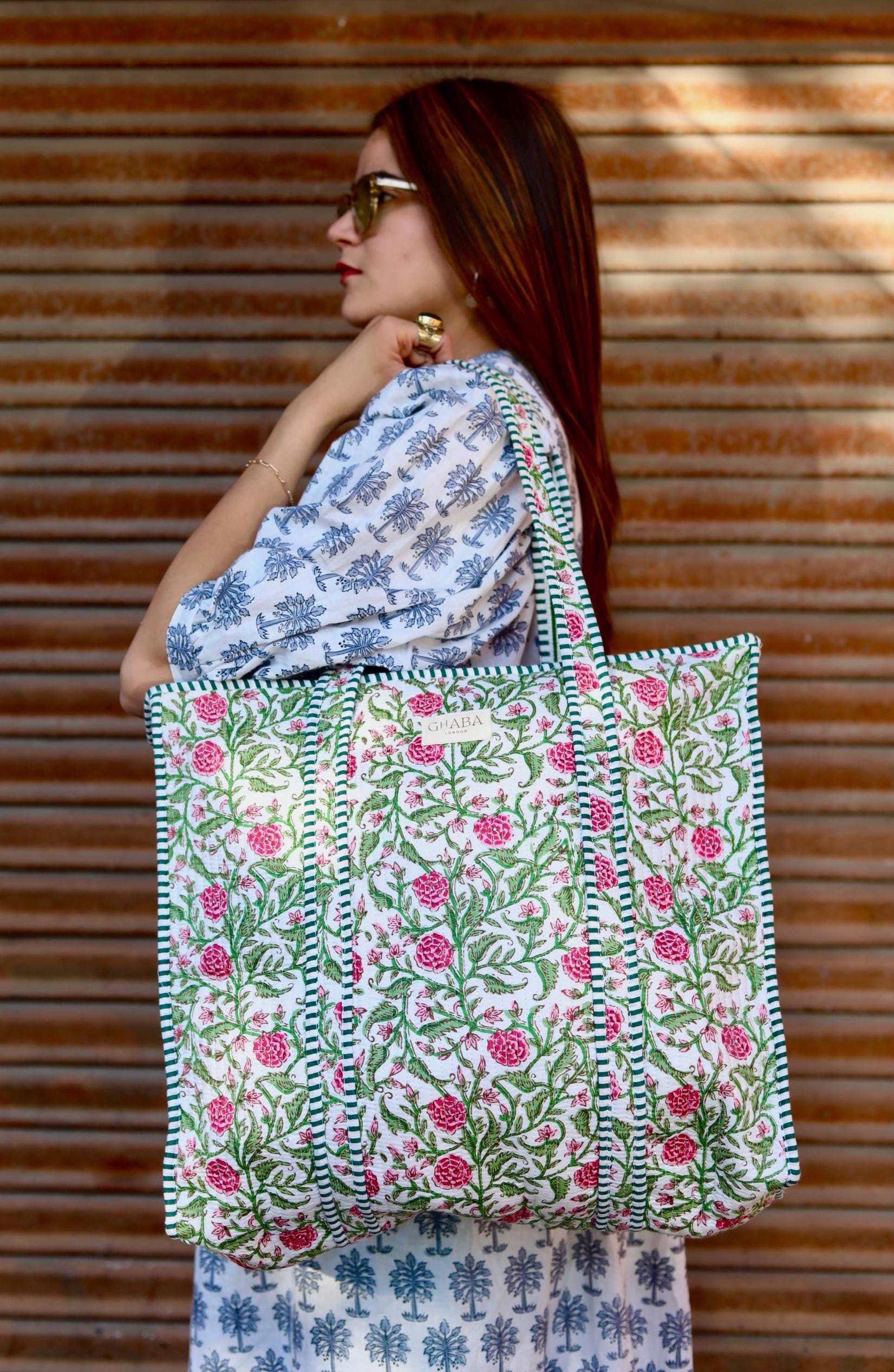 Block Print Quilted Cotton Tote Bag for Women –Handmade Floral Shopper