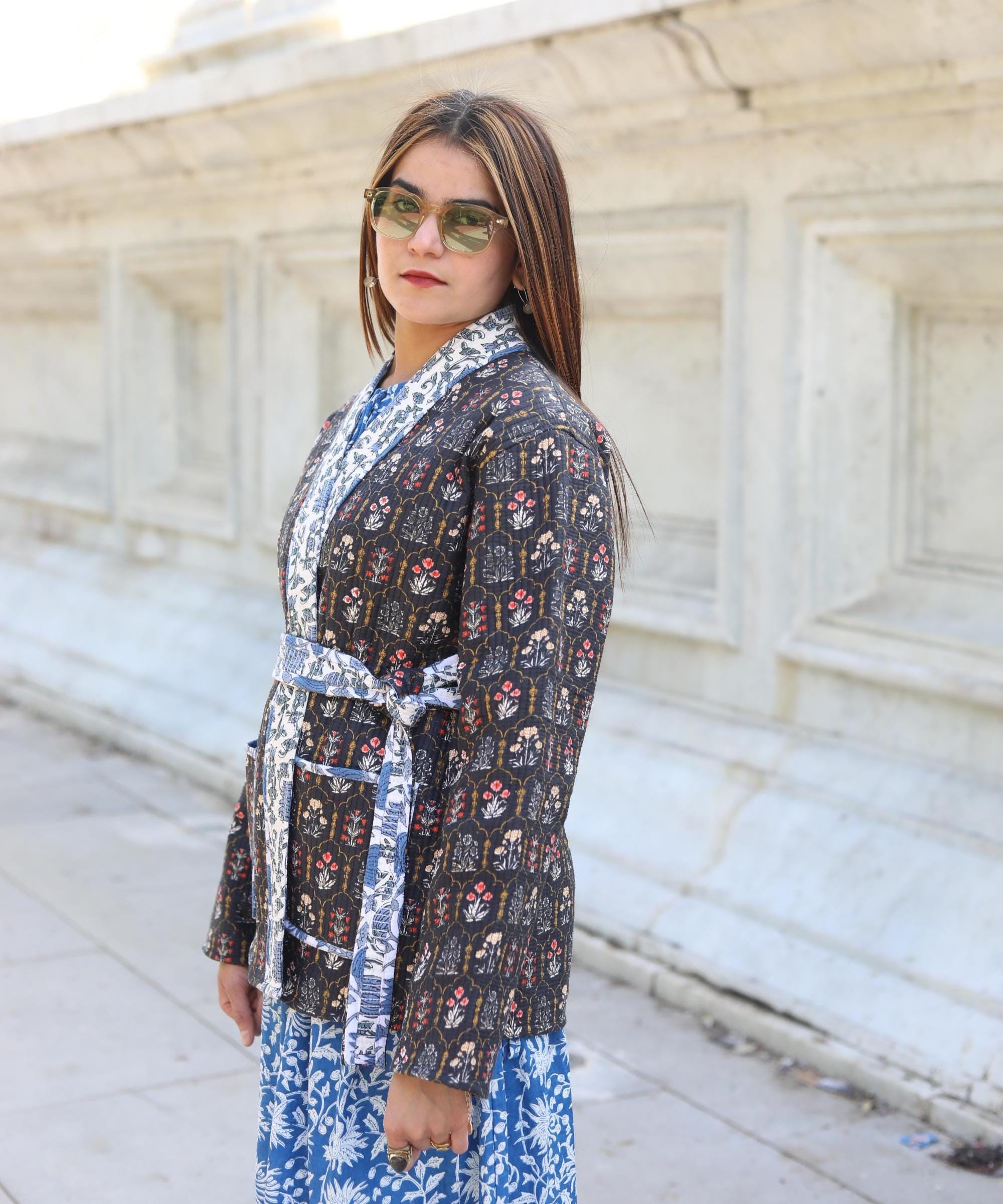 Block Print Cotton Quilted Kimono Jacket for Women – Handmade Floral