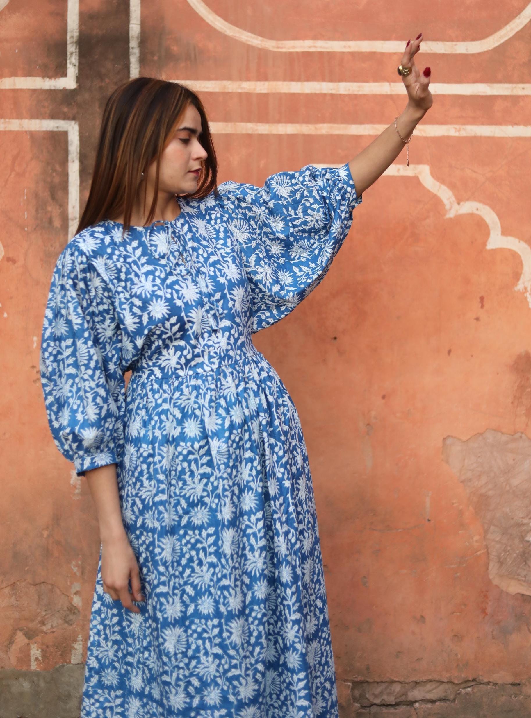 Block Print Cotton Dress for Women – Handmade Blue Tunic Dress