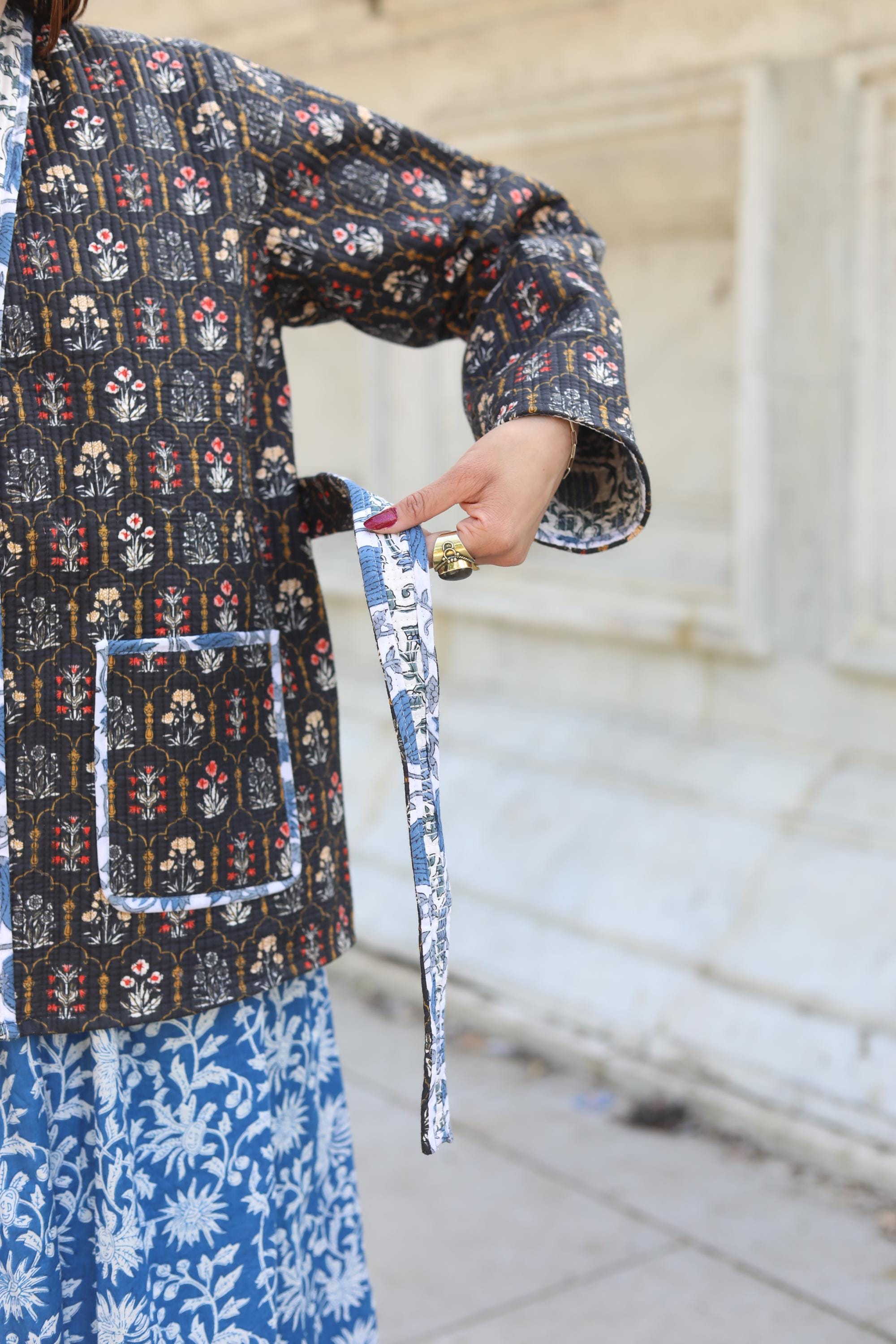 Block Print Cotton Quilted Kimono Jacket for Women – Handmade Floral