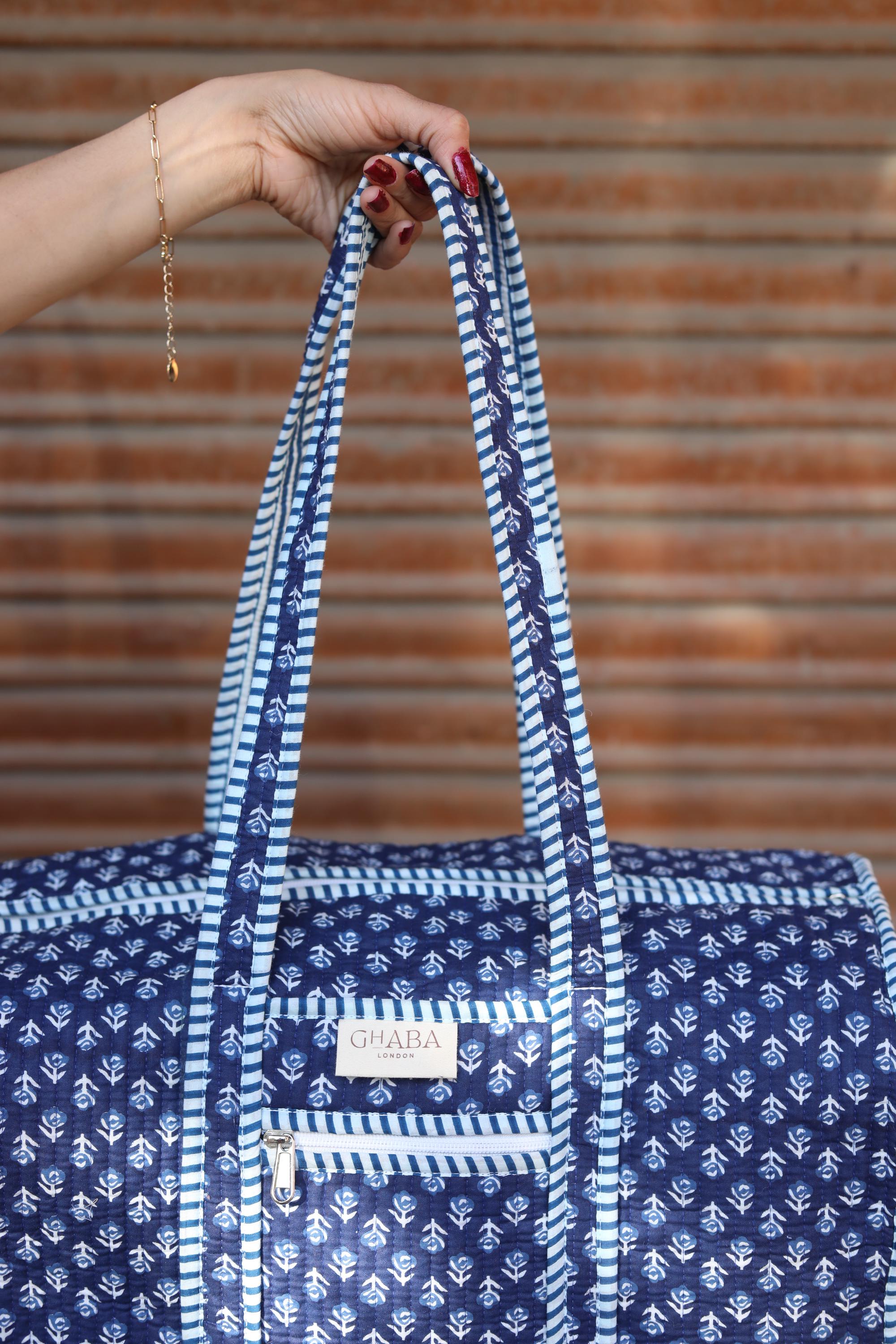 Block Print Quilted Cotton Weekender Bag – Handmade Floral Travel Duffle