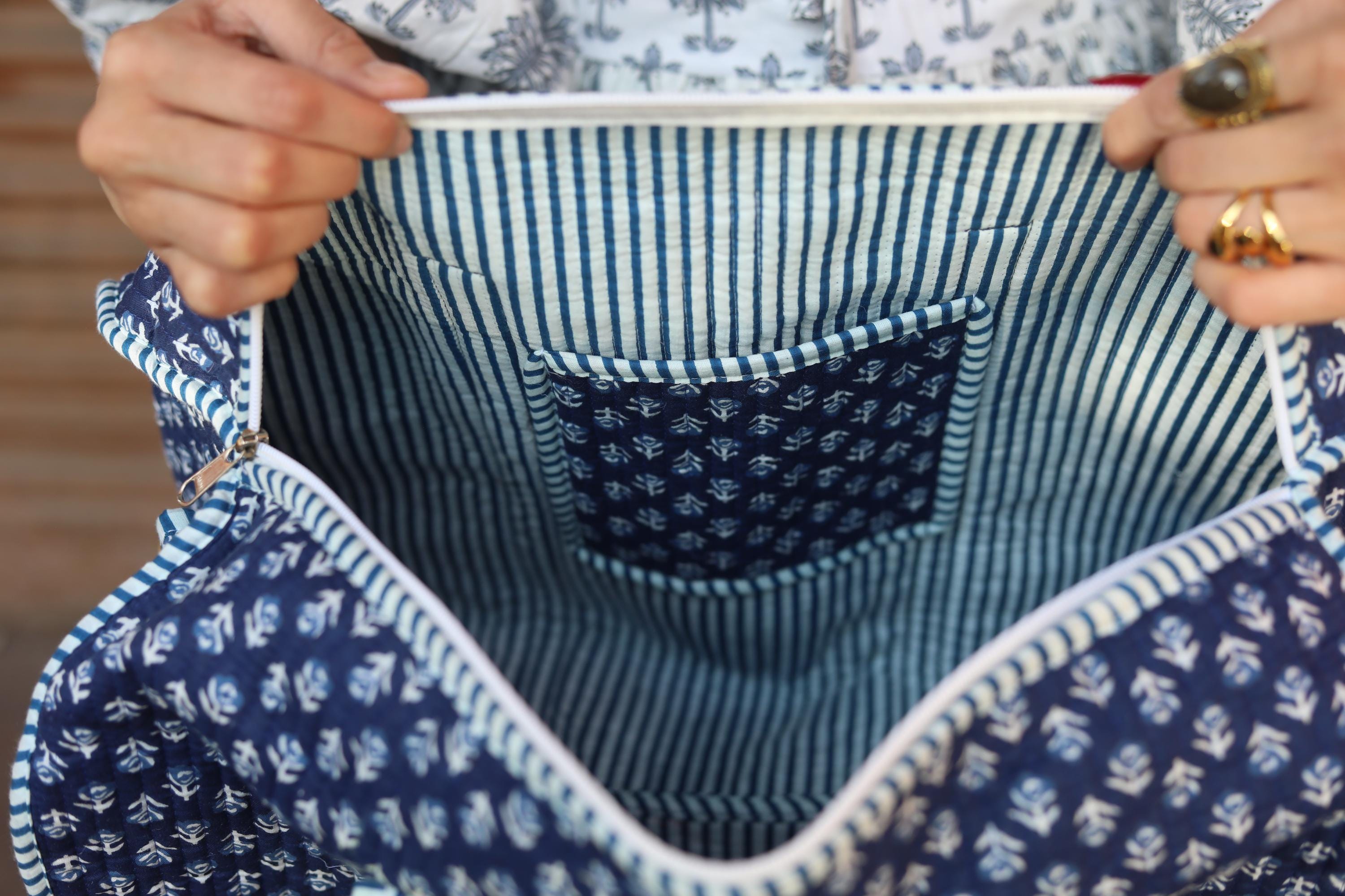 Block Print Quilted Cotton Weekender Bag – Handmade Floral Travel Duffle