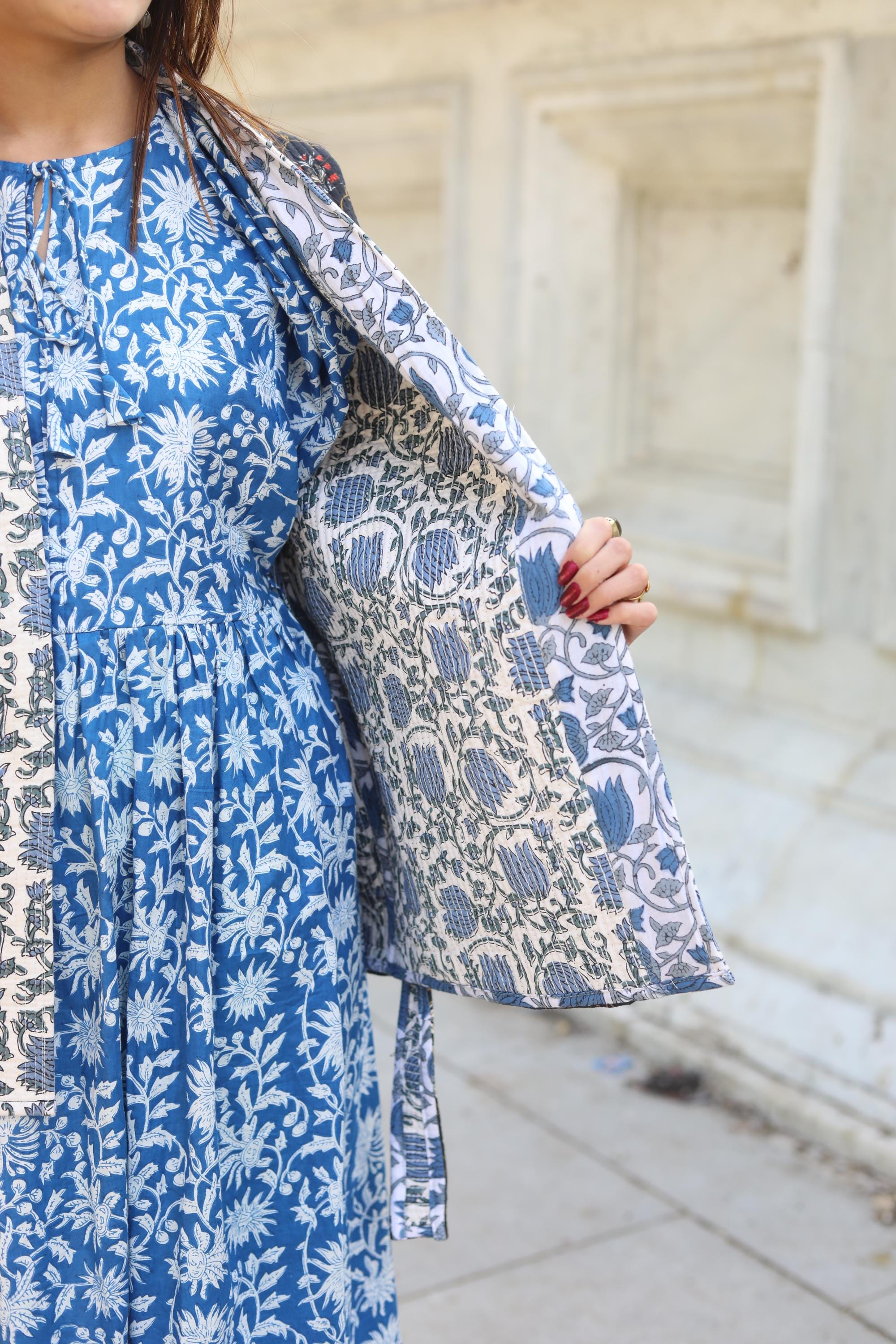 Block Print Cotton Quilted Kimono Jacket for Women – Handmade Floral