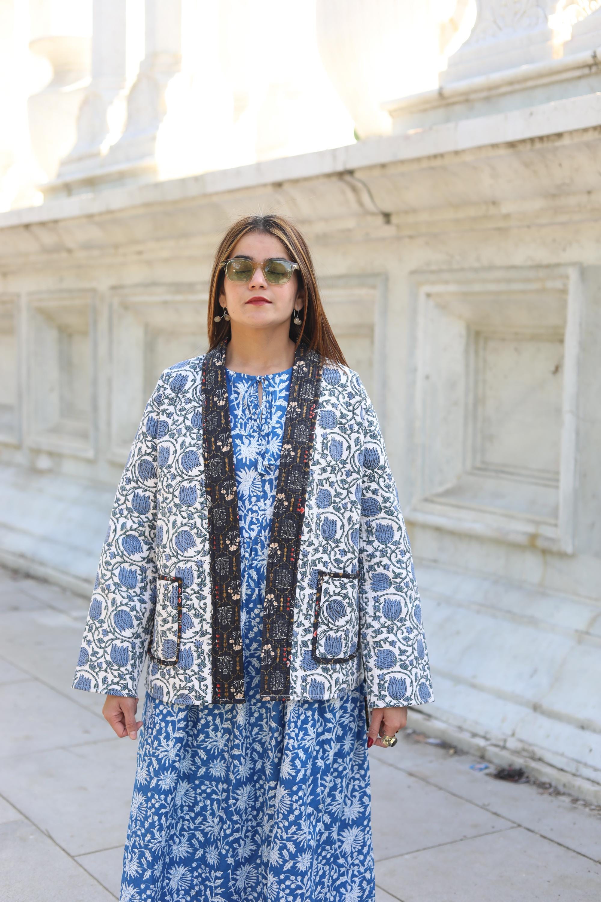 Block Print Cotton Quilted Kimono Jacket for Women – Handmade Floral