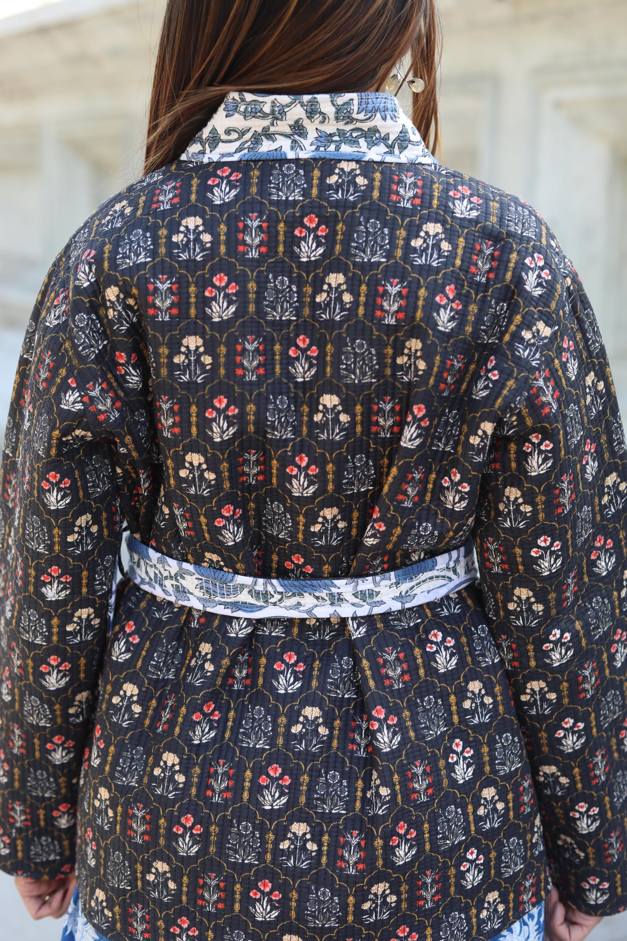 Block Print Cotton Quilted Kimono Jacket for Women – Handmade Floral