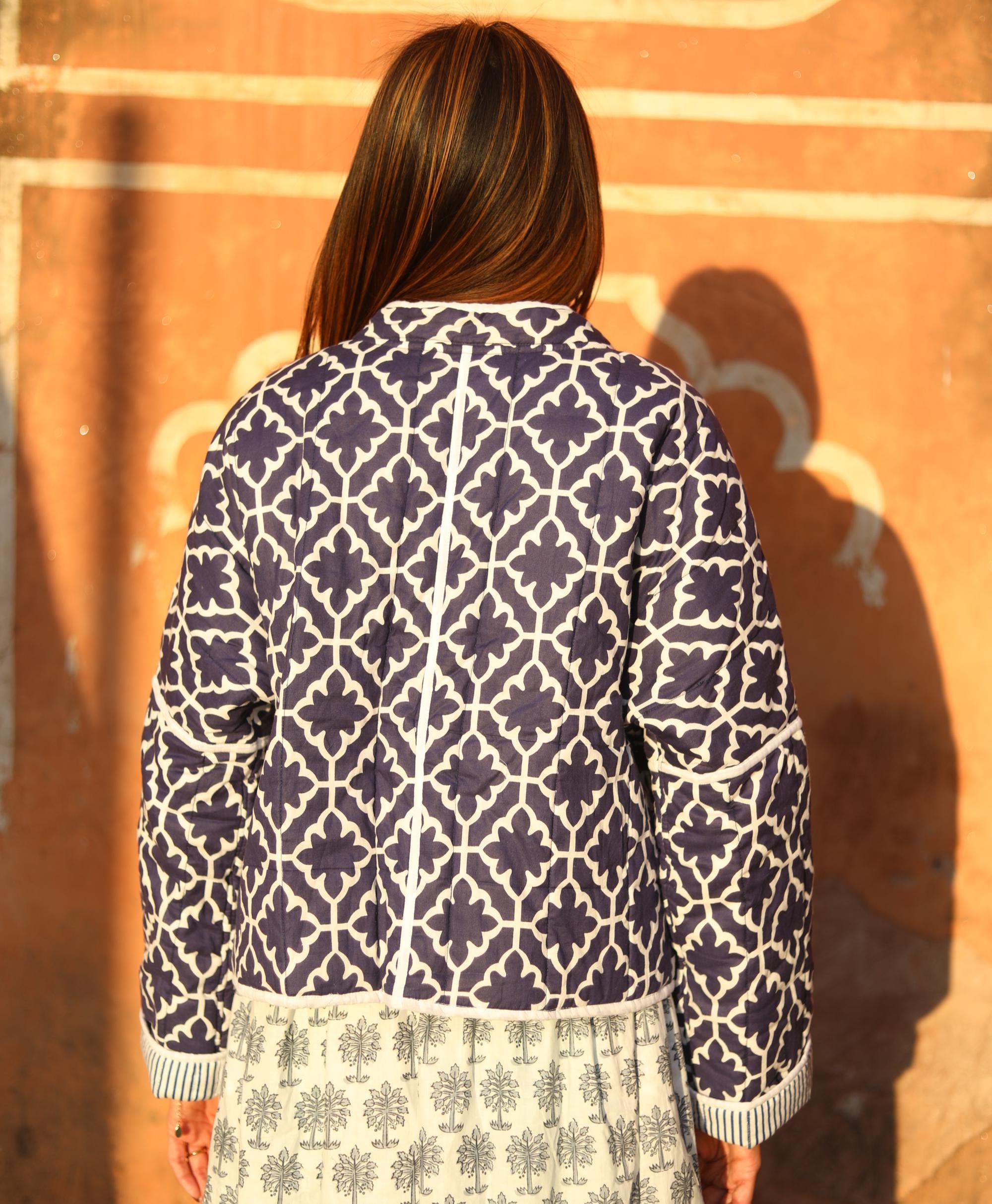 Block Print Cotton Quilted Jacket for Women – Handmade Reversible Blue Jacket