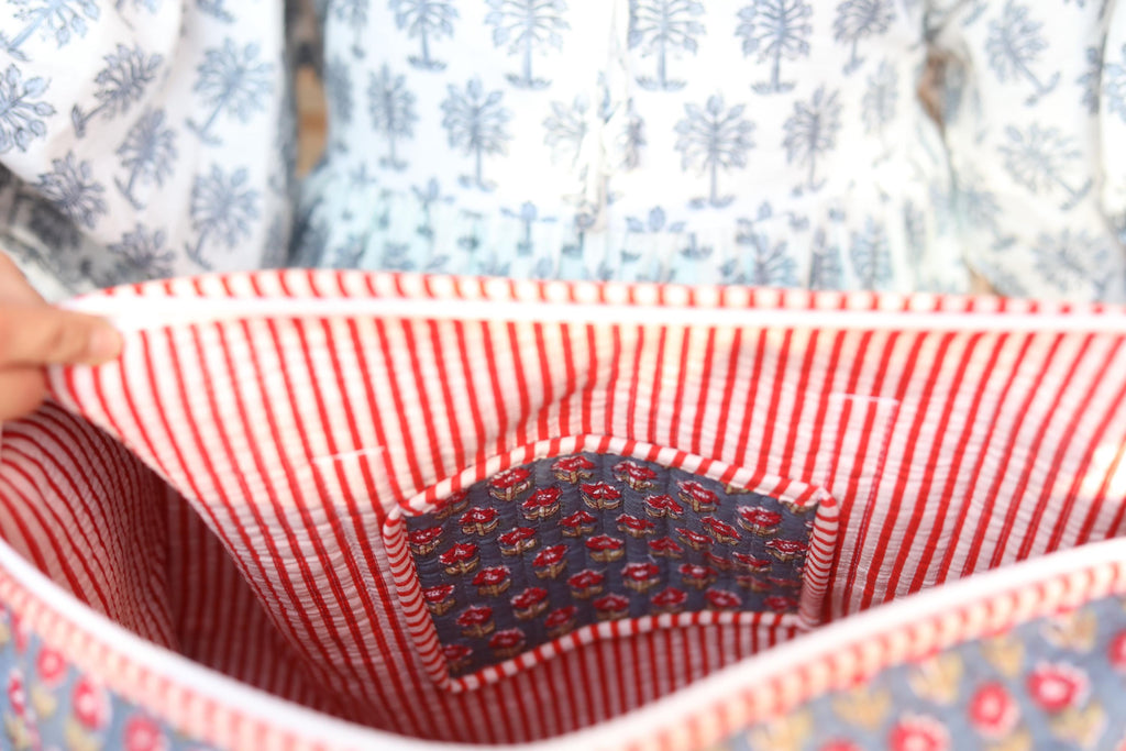 Block Print Quilted Cotton Weekender Bag – Handmade Floral Travel Duffle