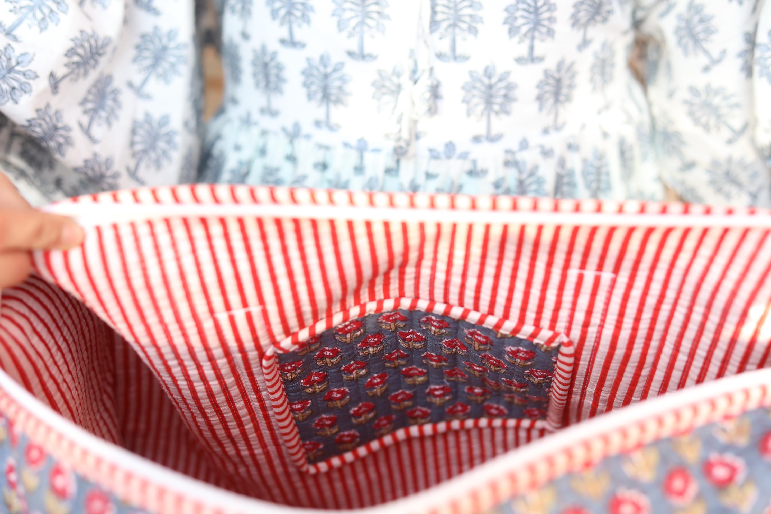 Block Print Quilted Cotton Weekender Bag – Handmade Floral Travel Duffle