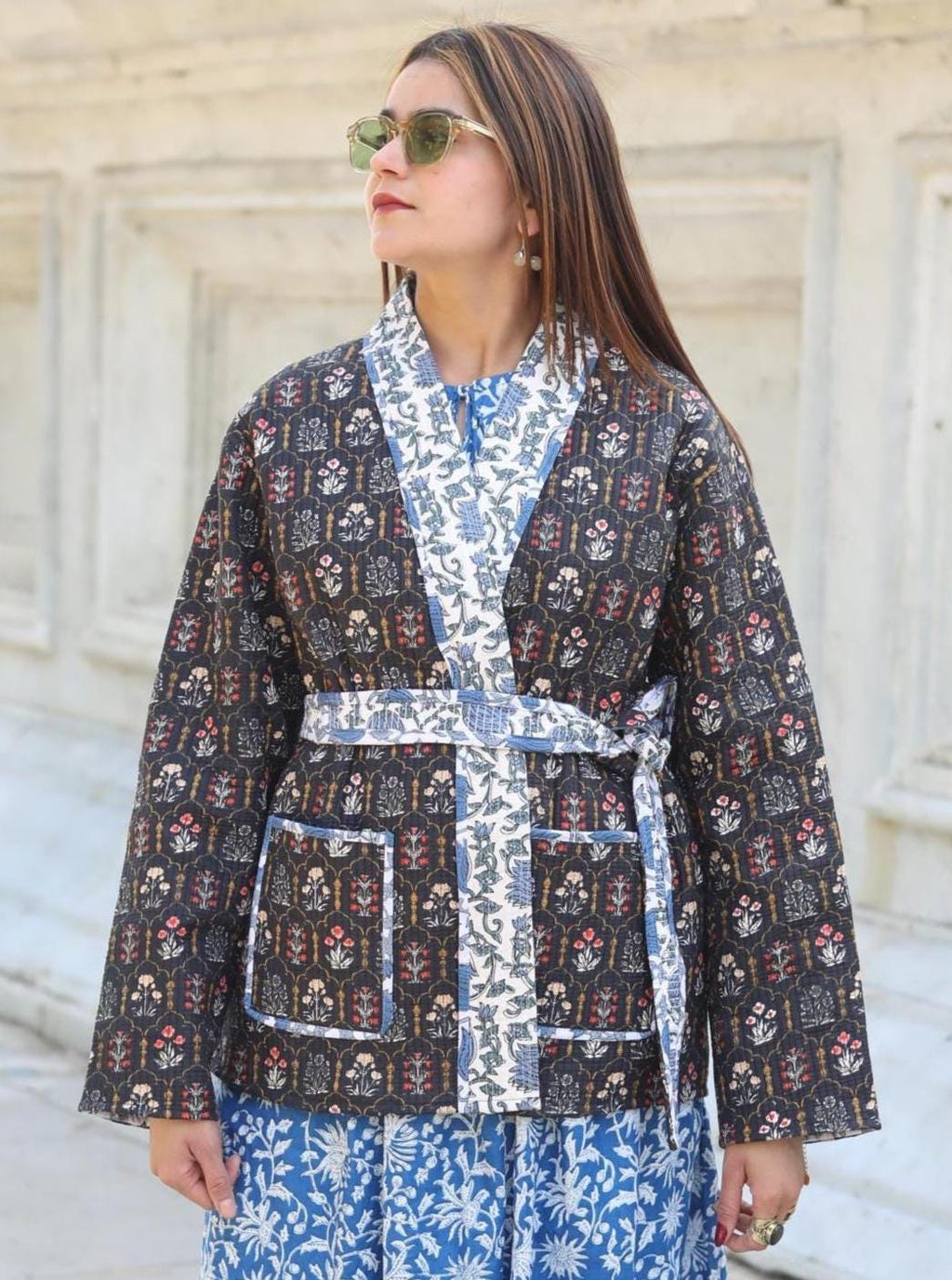 Block Print Cotton Quilted Kimono Jacket for Women – Handmade Floral