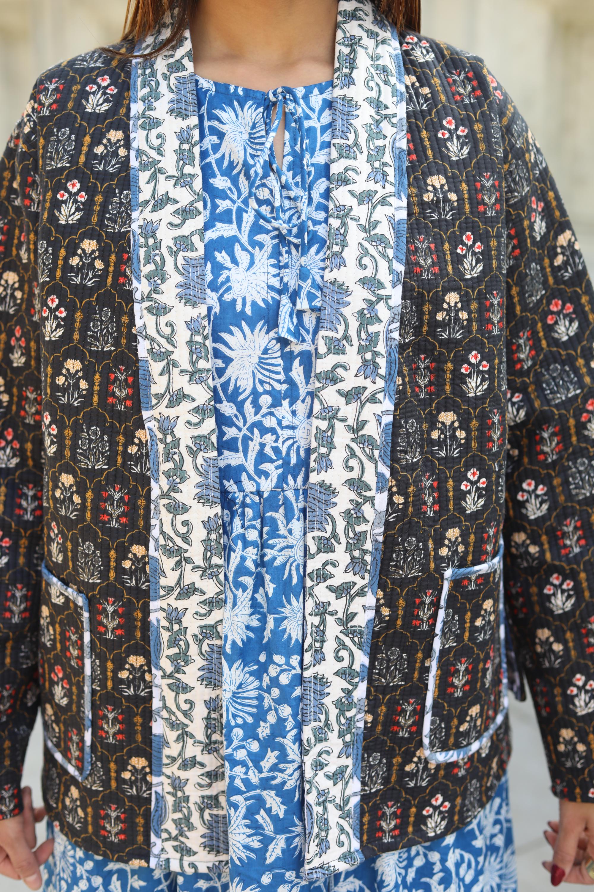 Block Print Cotton Quilted Kimono Jacket for Women – Handmade Floral
