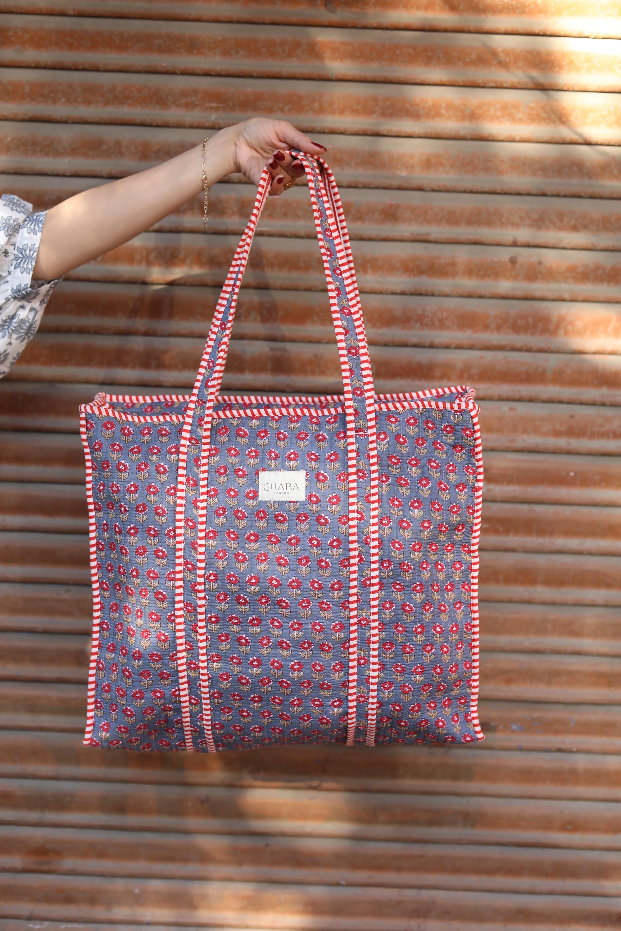 Block Print Quilted Cotton Tote Bag for Women –Handmade Floral Shopper