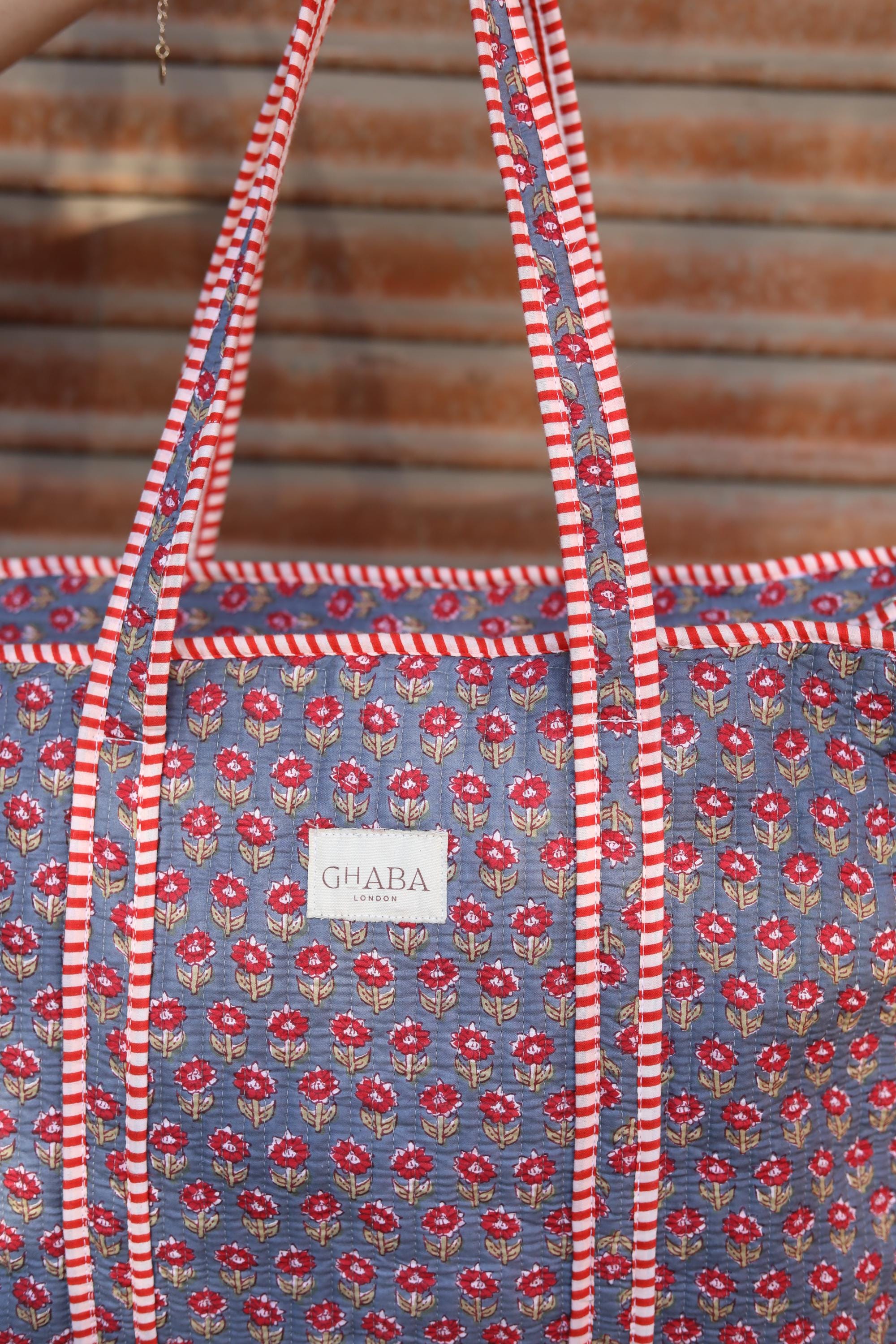 Block Print Quilted Cotton Tote Bag for Women –Handmade Floral Shopper