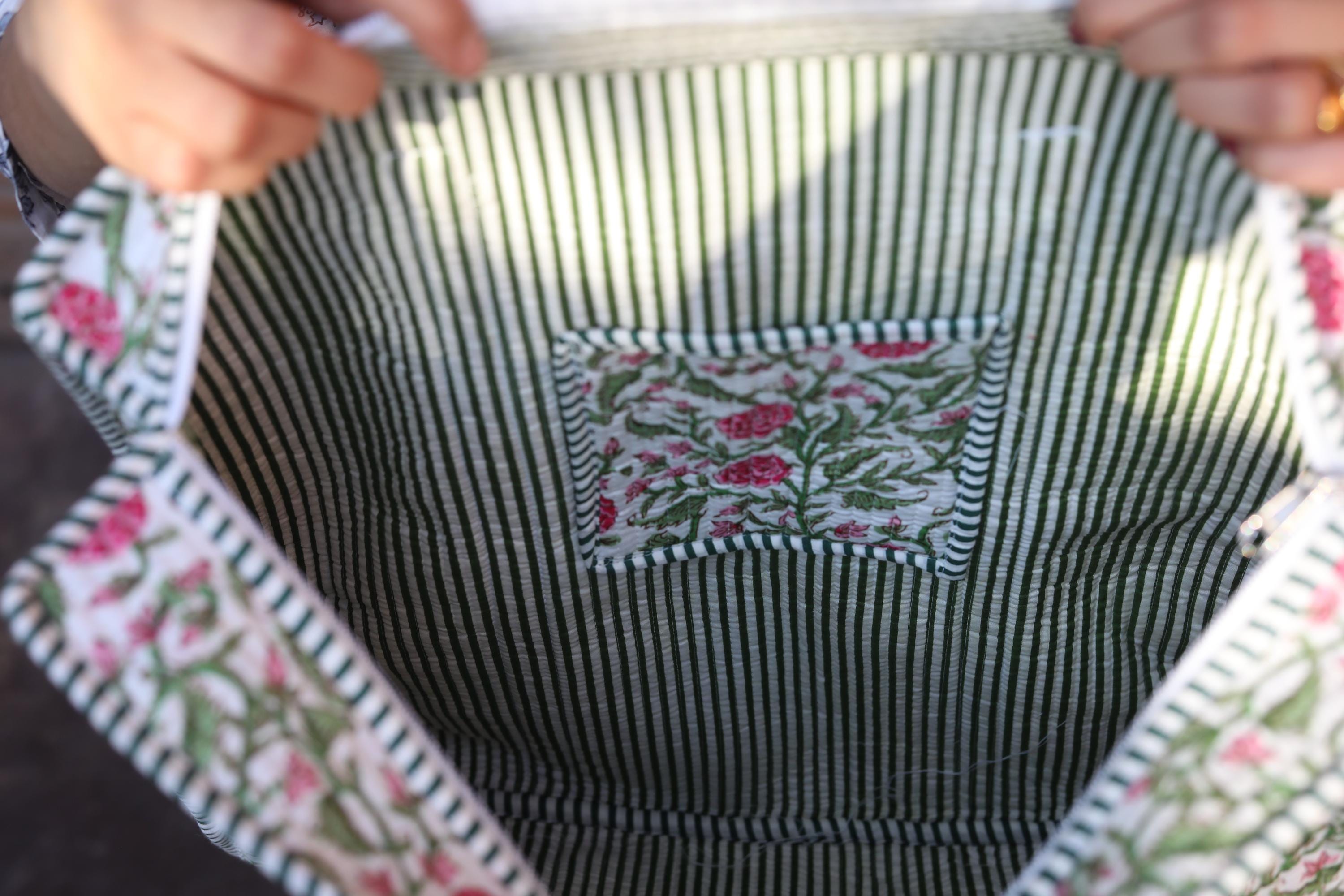 Block Print Quilted Cotton Tote Bag for Women –Handmade Floral Shopper
