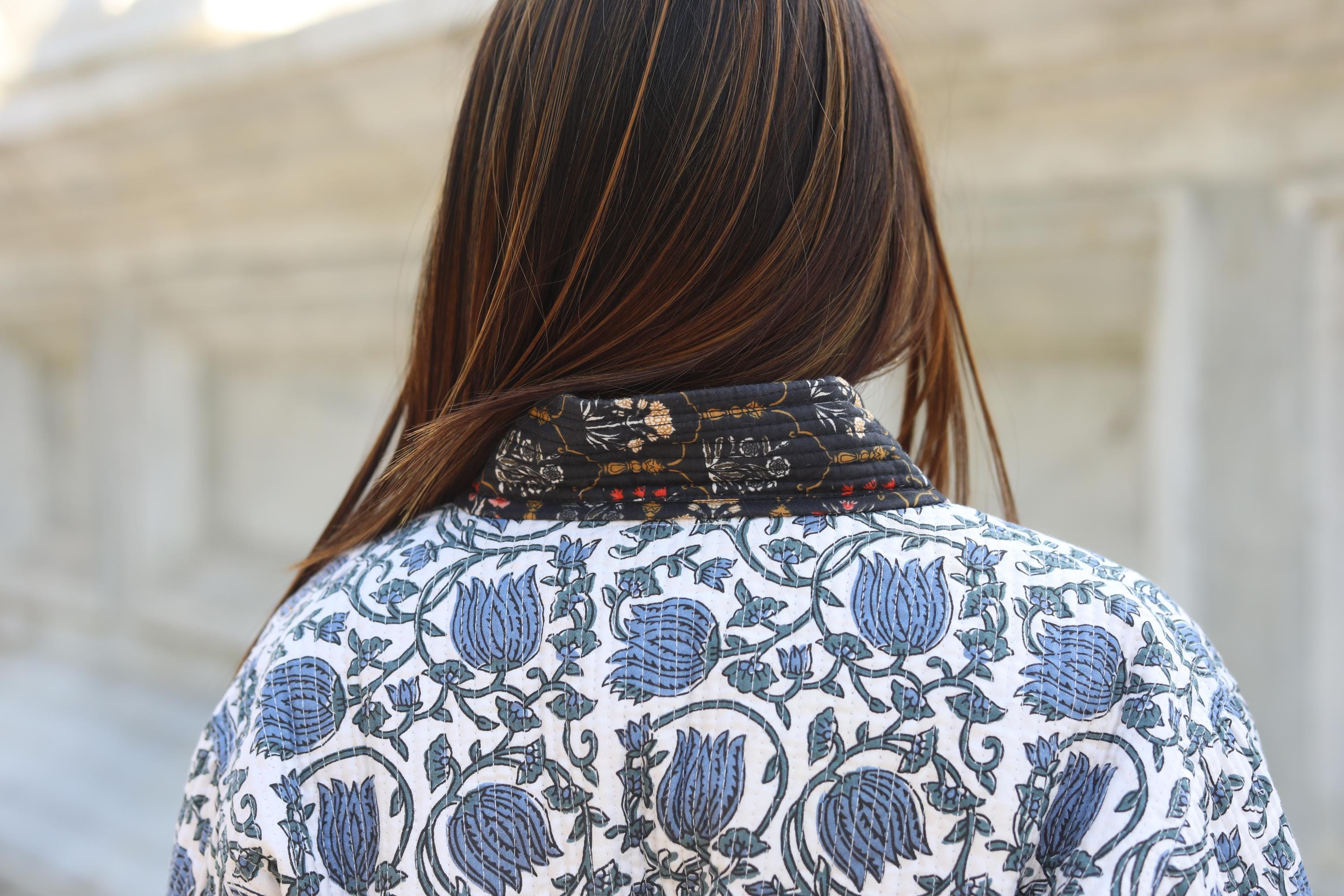 Block Print Cotton Quilted Kimono Jacket for Women – Handmade Floral