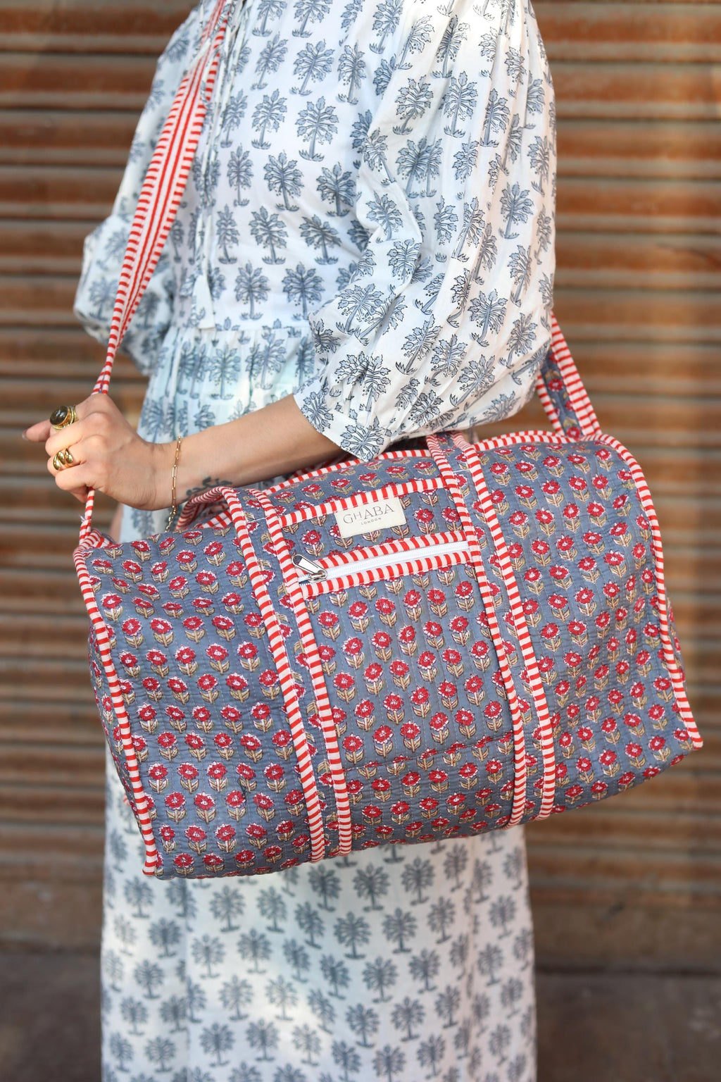 Block Print Quilted Cotton Weekender Bag – Handmade Floral Travel Duffle