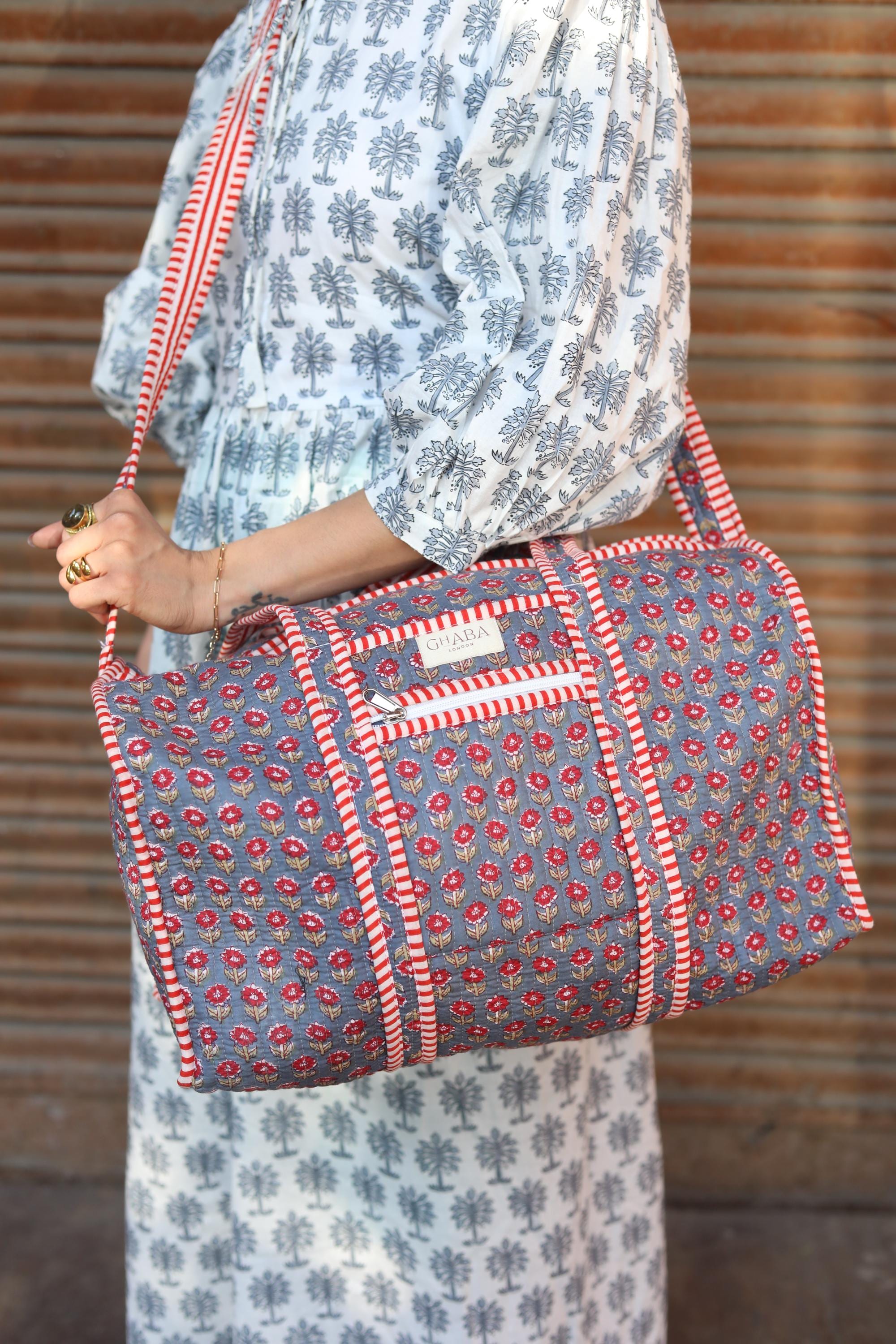 Block Print Quilted Cotton Weekender Bag – Handmade Floral Travel Duffle