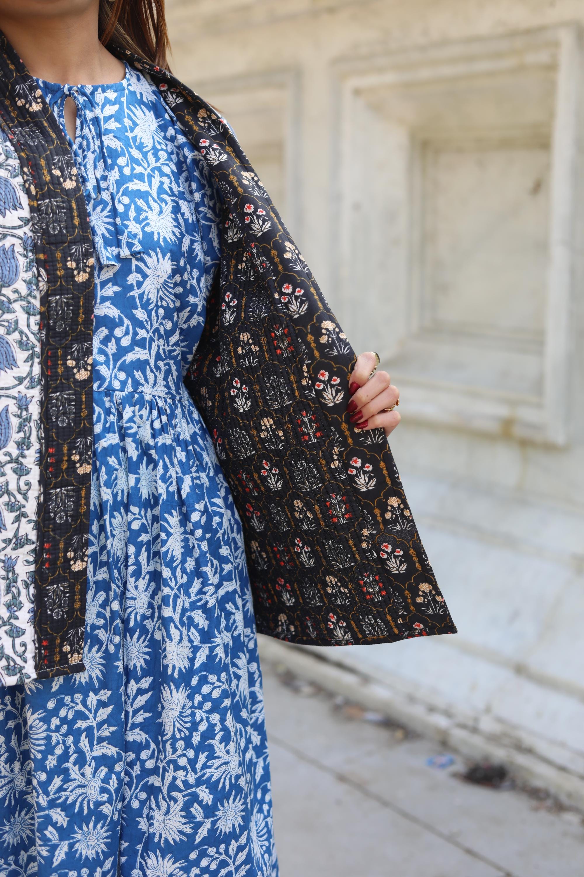 Block Print Cotton Quilted Kimono Jacket for Women – Handmade Floral