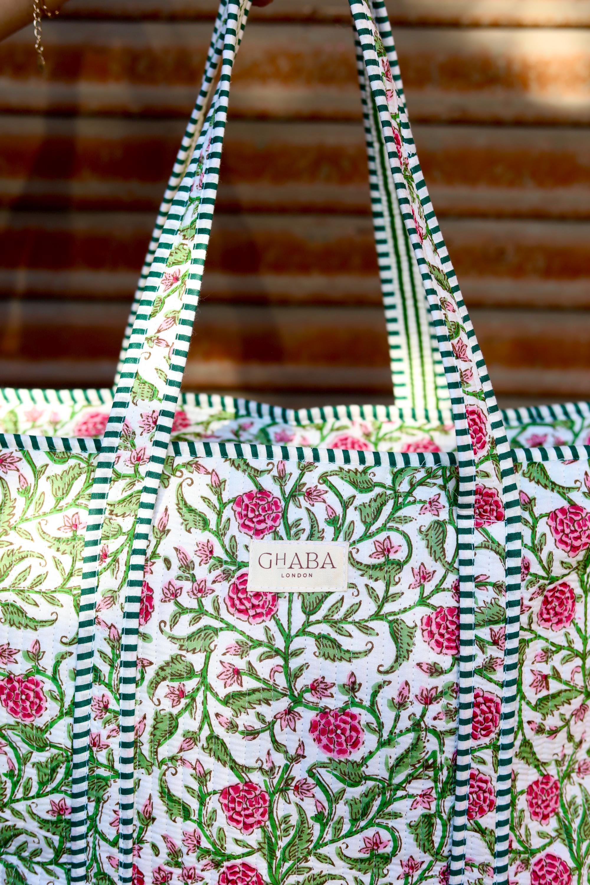 Block Print Quilted Cotton Tote Bag for Women –Handmade Floral Shopper