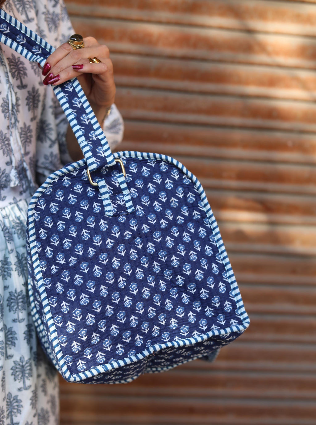 Block Print Quilted Cotton Weekender Bag – Handmade Floral Travel Duffle