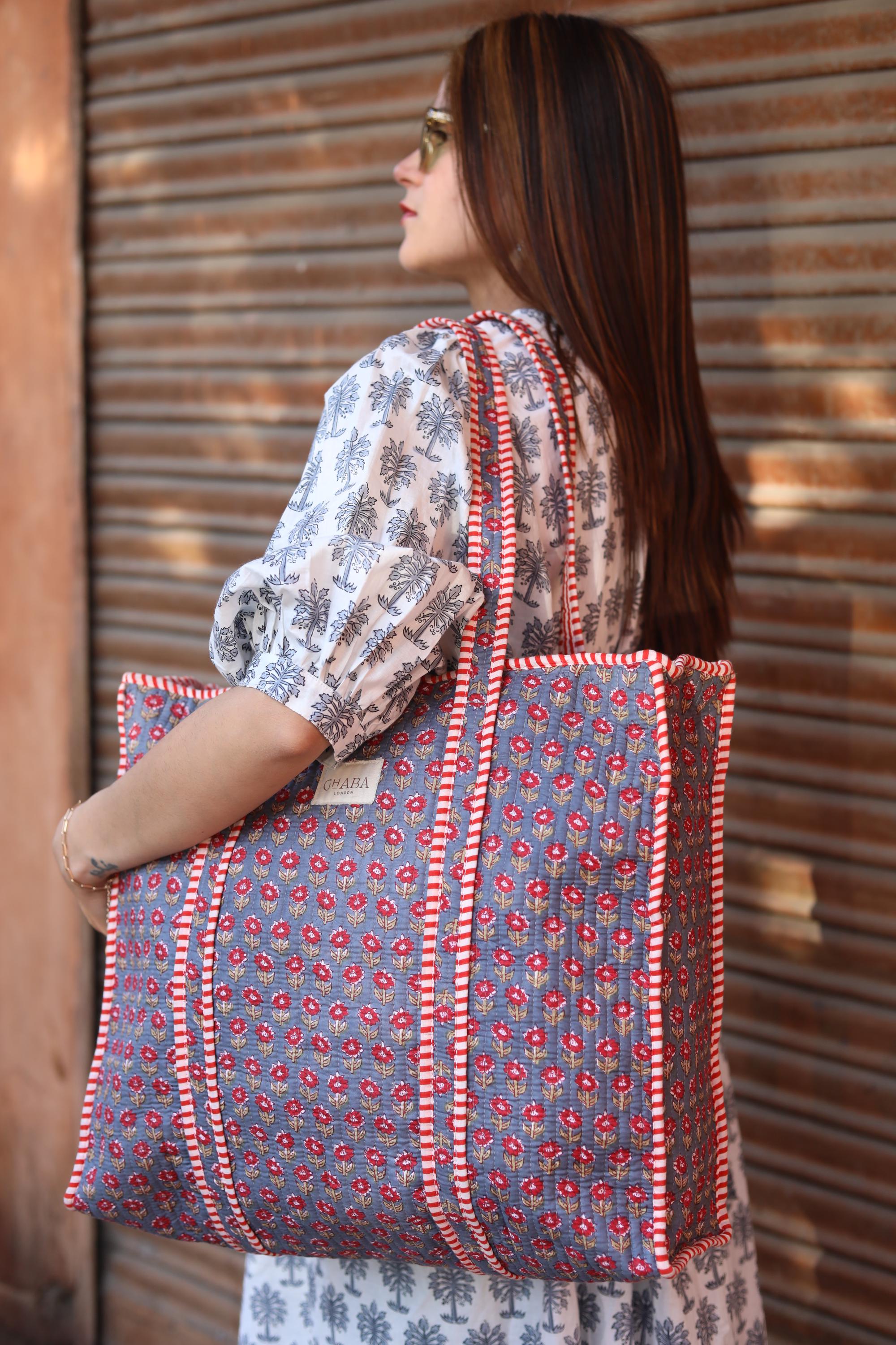 Block Print Quilted Cotton Tote Bag for Women –Handmade Floral Shopper