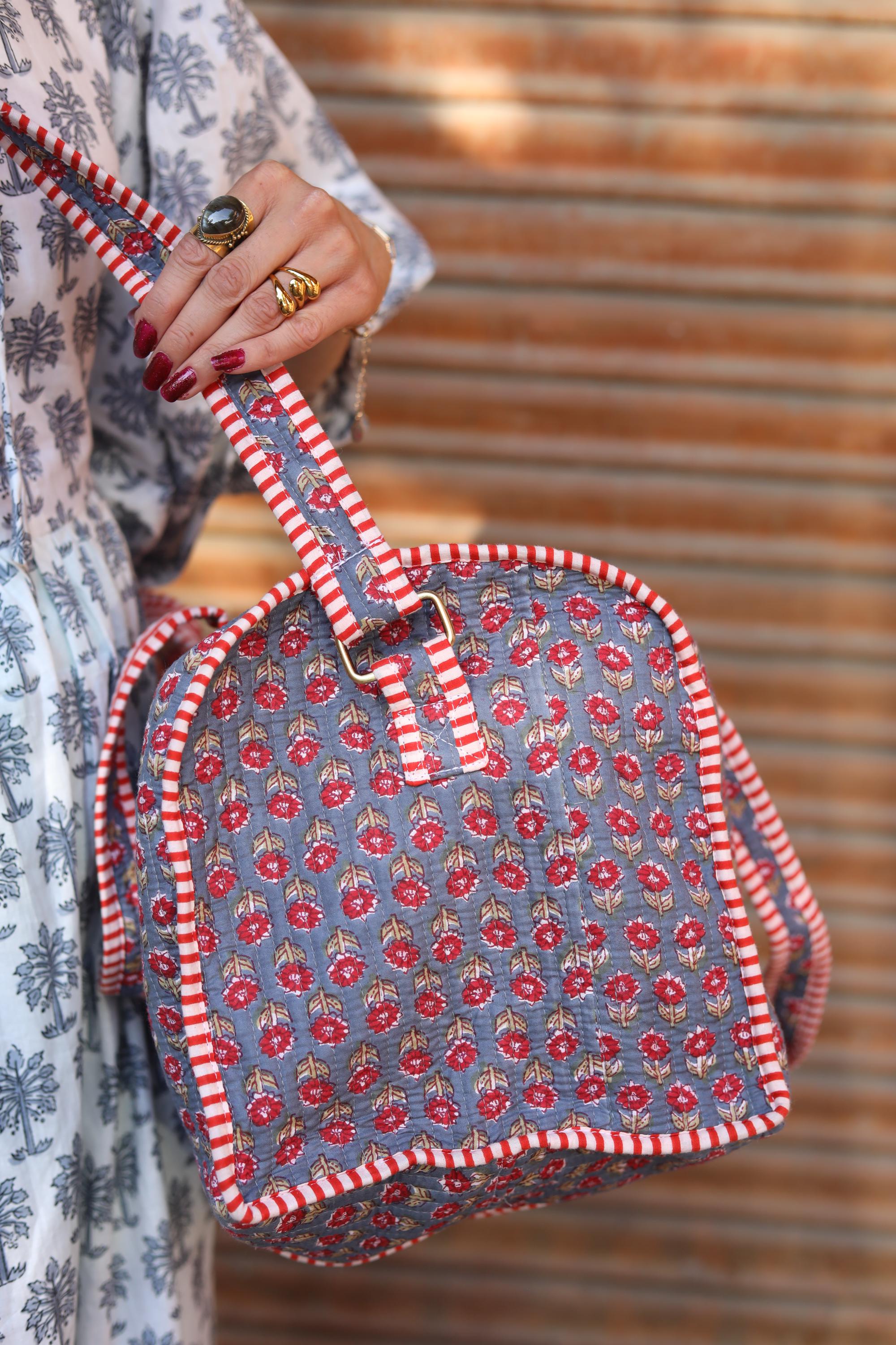 Block Print Quilted Cotton Weekender Bag – Handmade Floral Travel Duffle