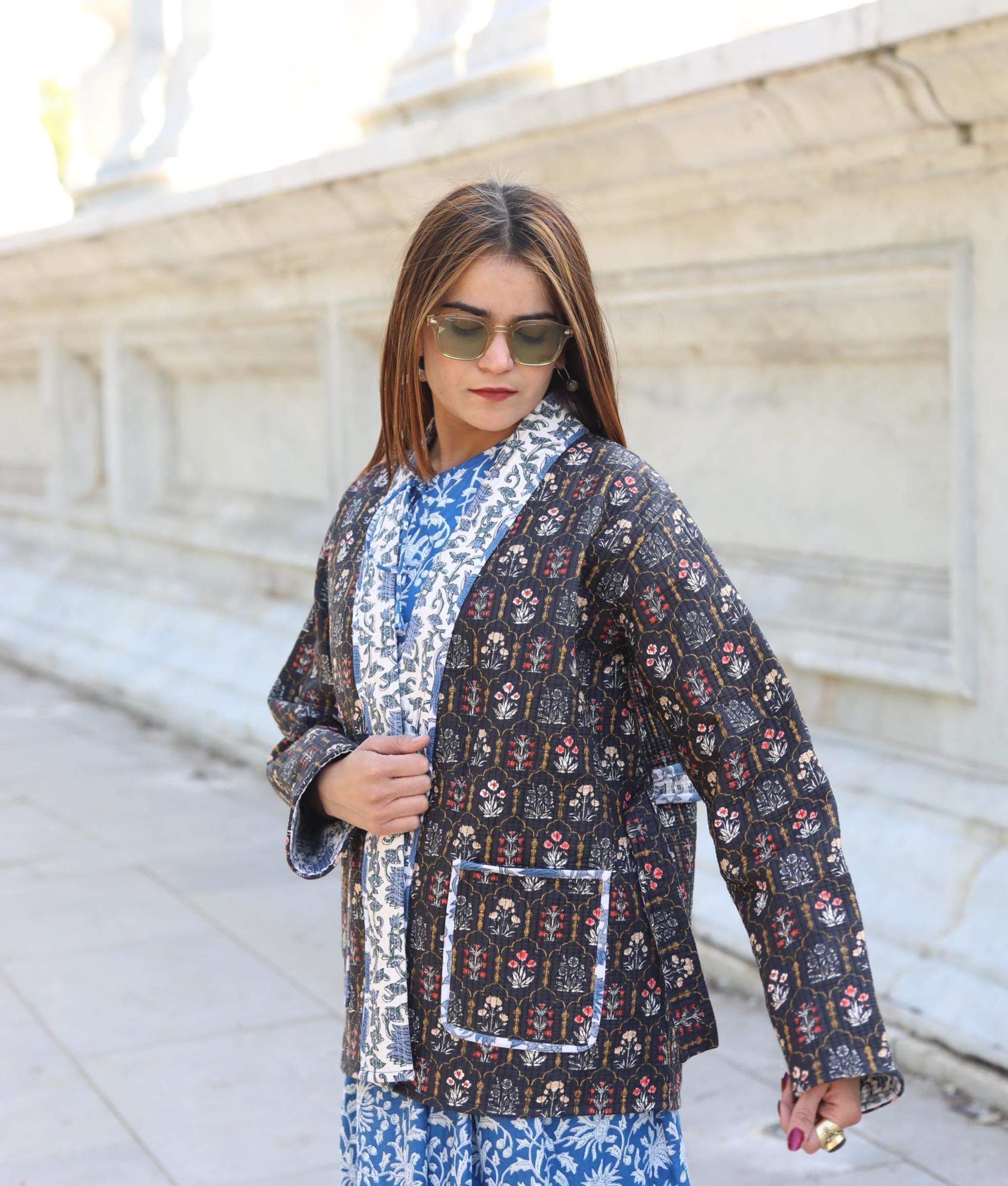 Block Print Cotton Quilted Kimono Jacket for Women – Handmade Floral