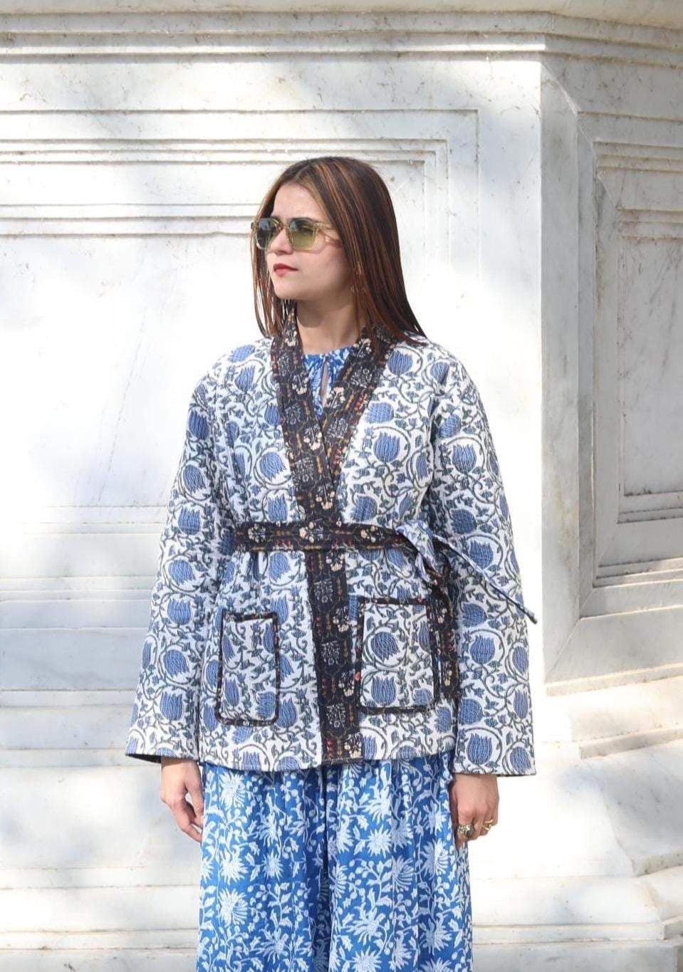 Block Print Cotton Quilted Kimono Jacket for Women – Handmade Floral