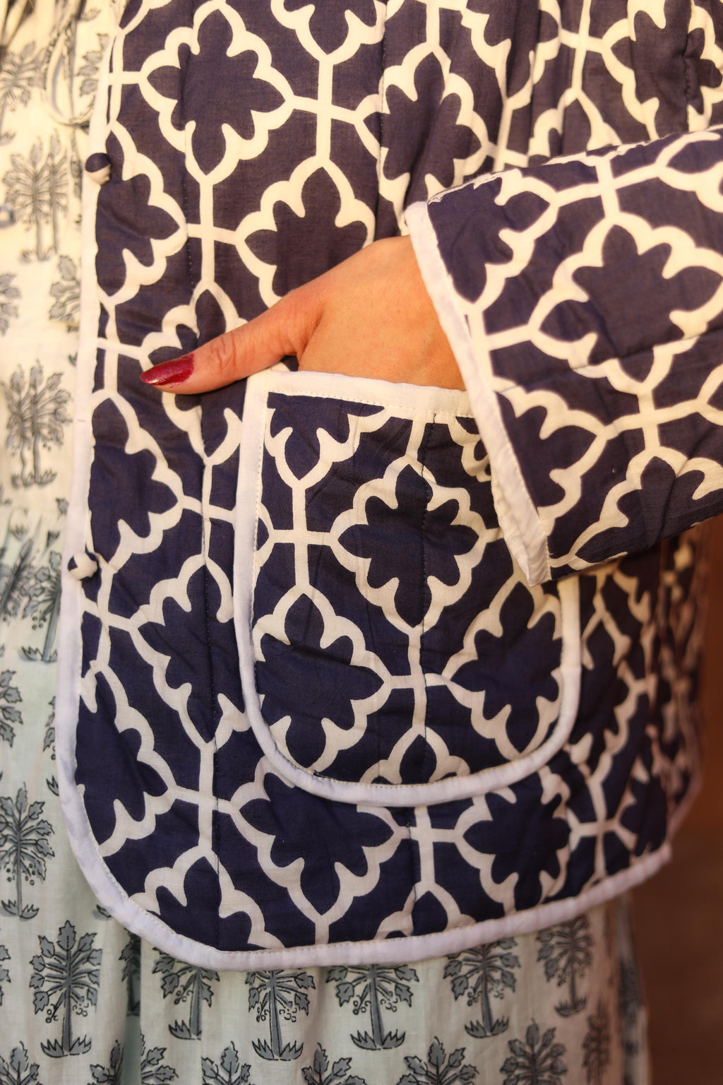Block Print Cotton Quilted Jacket for Women – Handmade Reversible Blue Jacket