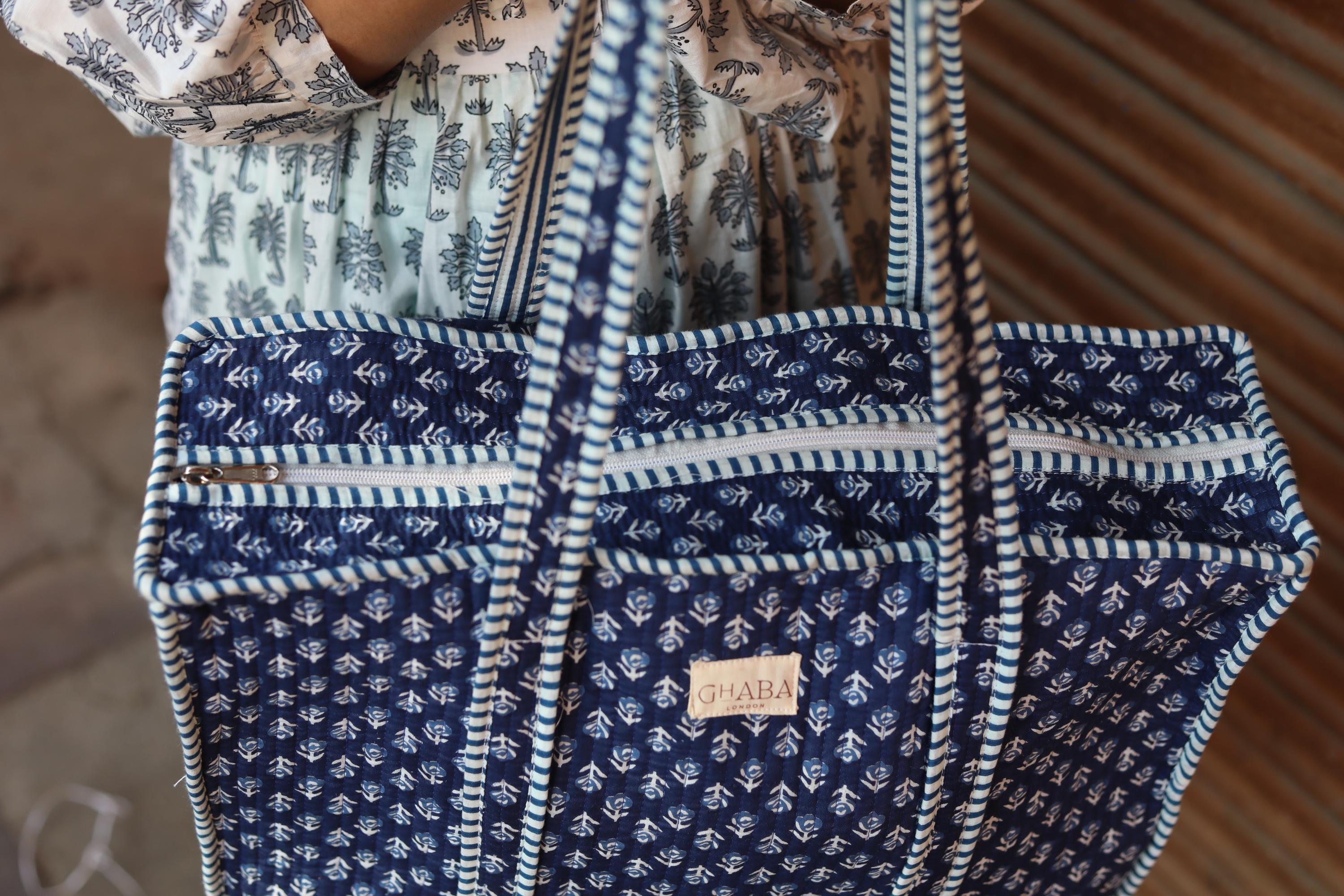 Block Print Quilted Cotton Tote Bag for Women –Handmade Floral Shopper