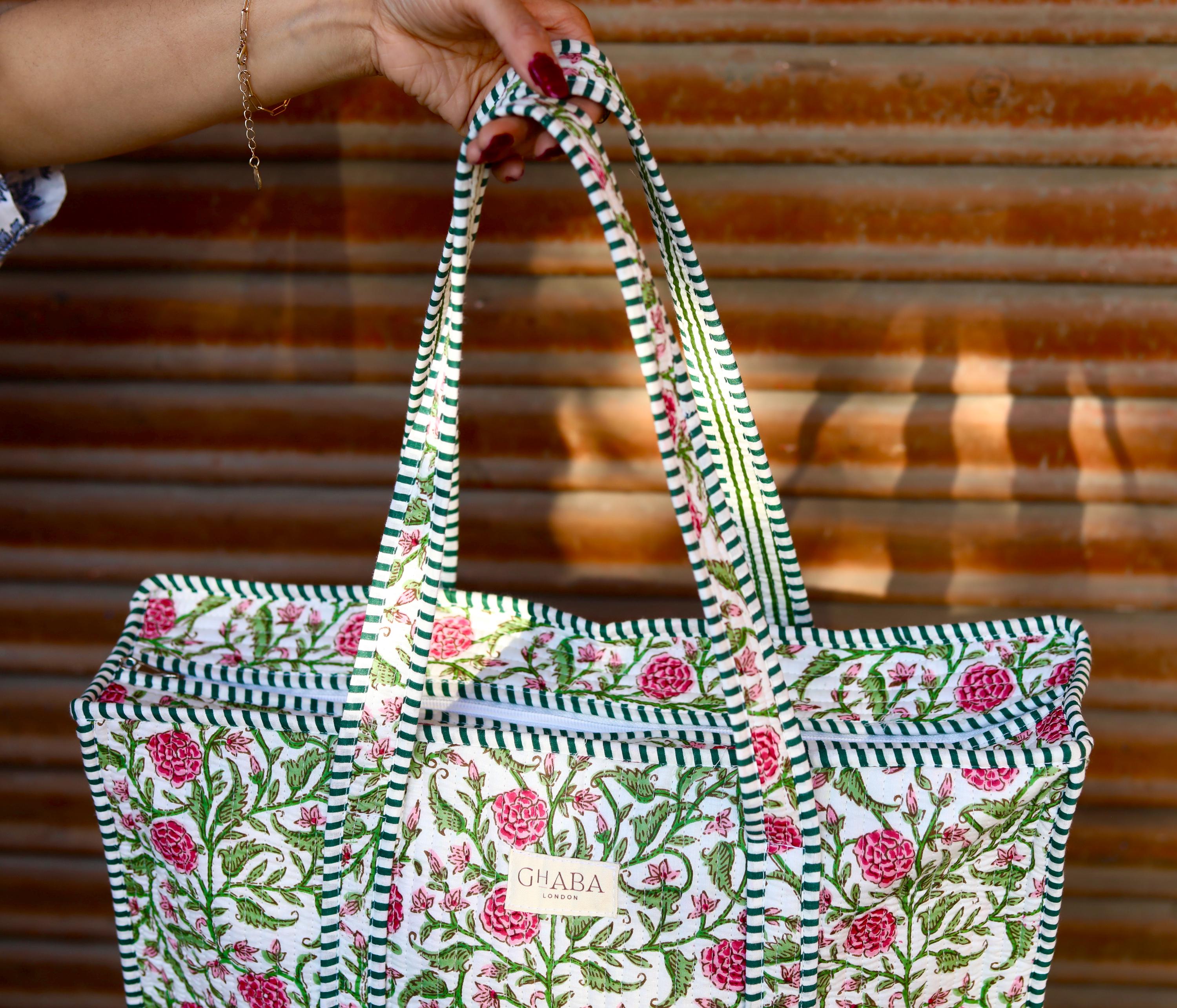 Block Print Quilted Cotton Tote Bag for Women –Handmade Floral Shopper