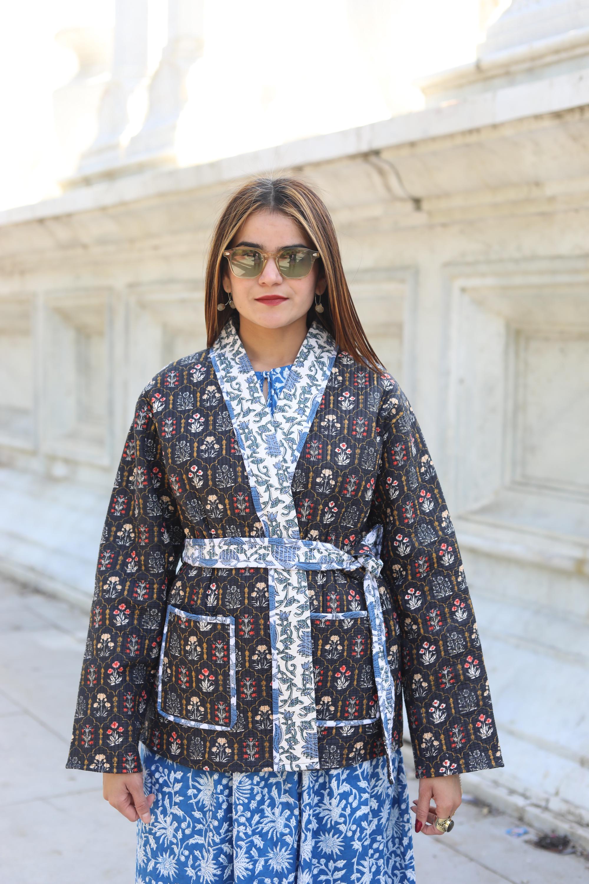 Block Print Cotton Quilted Kimono Jacket for Women – Handmade Floral