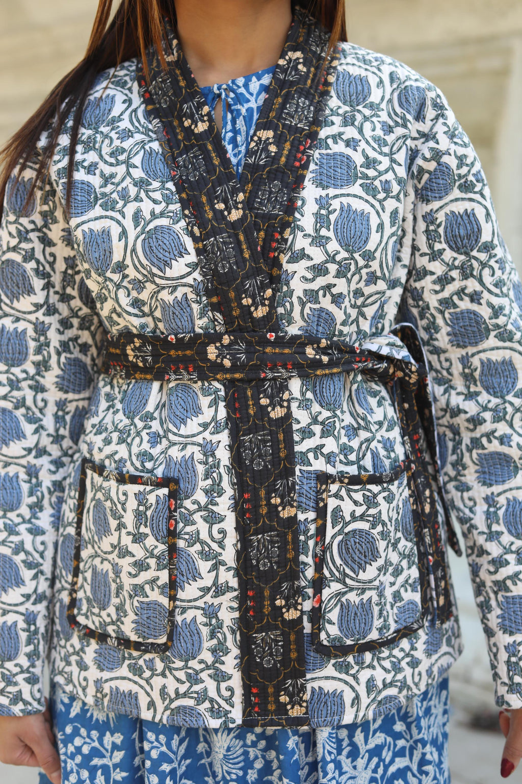 Block Print Cotton Quilted Kimono Jacket for Women – Handmade Floral