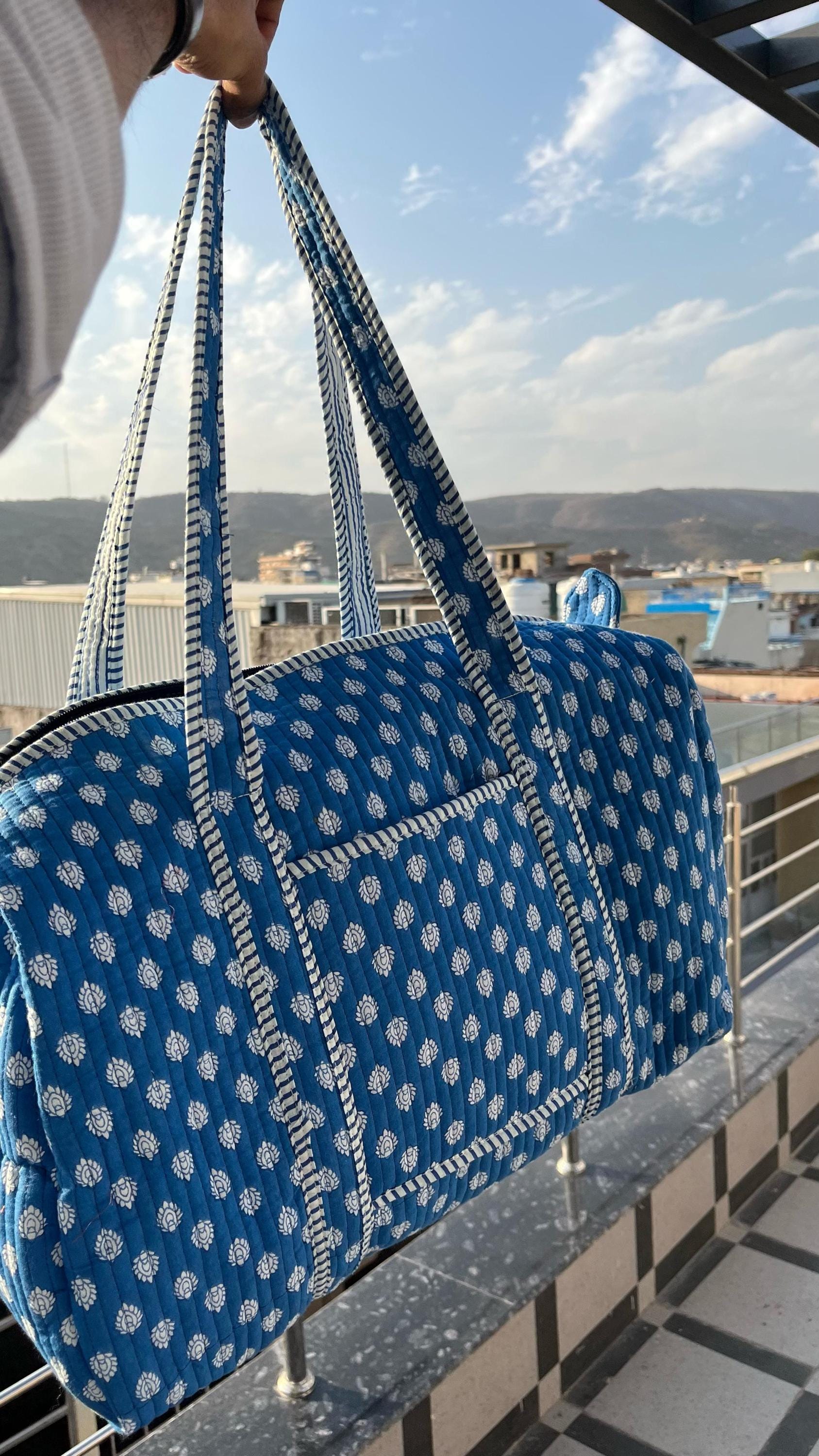 Handmade Blue Cotton Block Print Quilted Duffle Bag