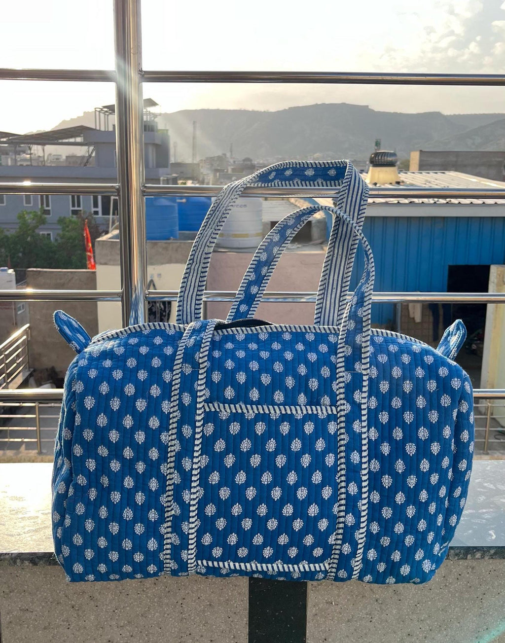 Handmade Blue Cotton Block Print Quilted Duffle Bag