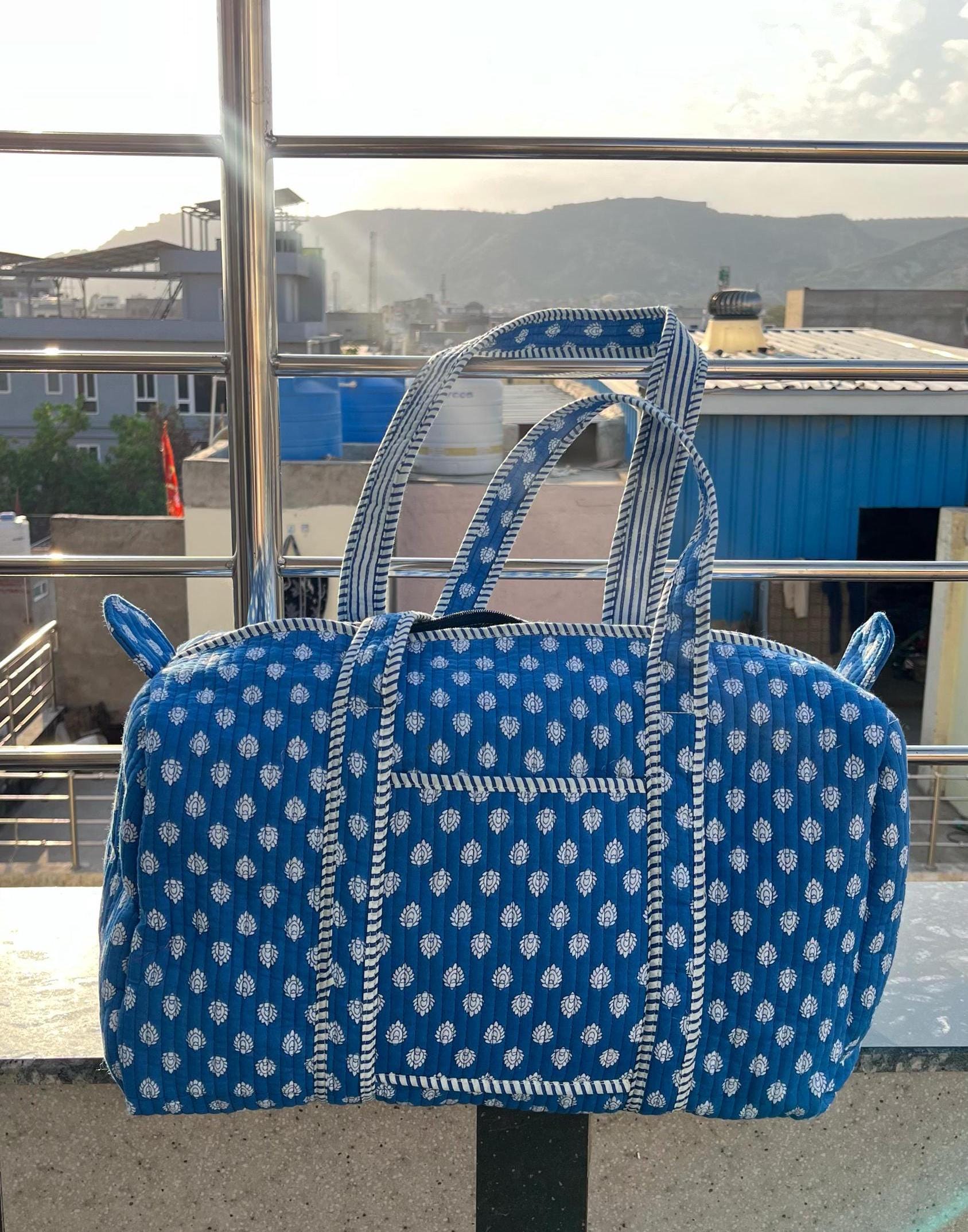 Handmade Blue Cotton Block Print Quilted Duffle Bag